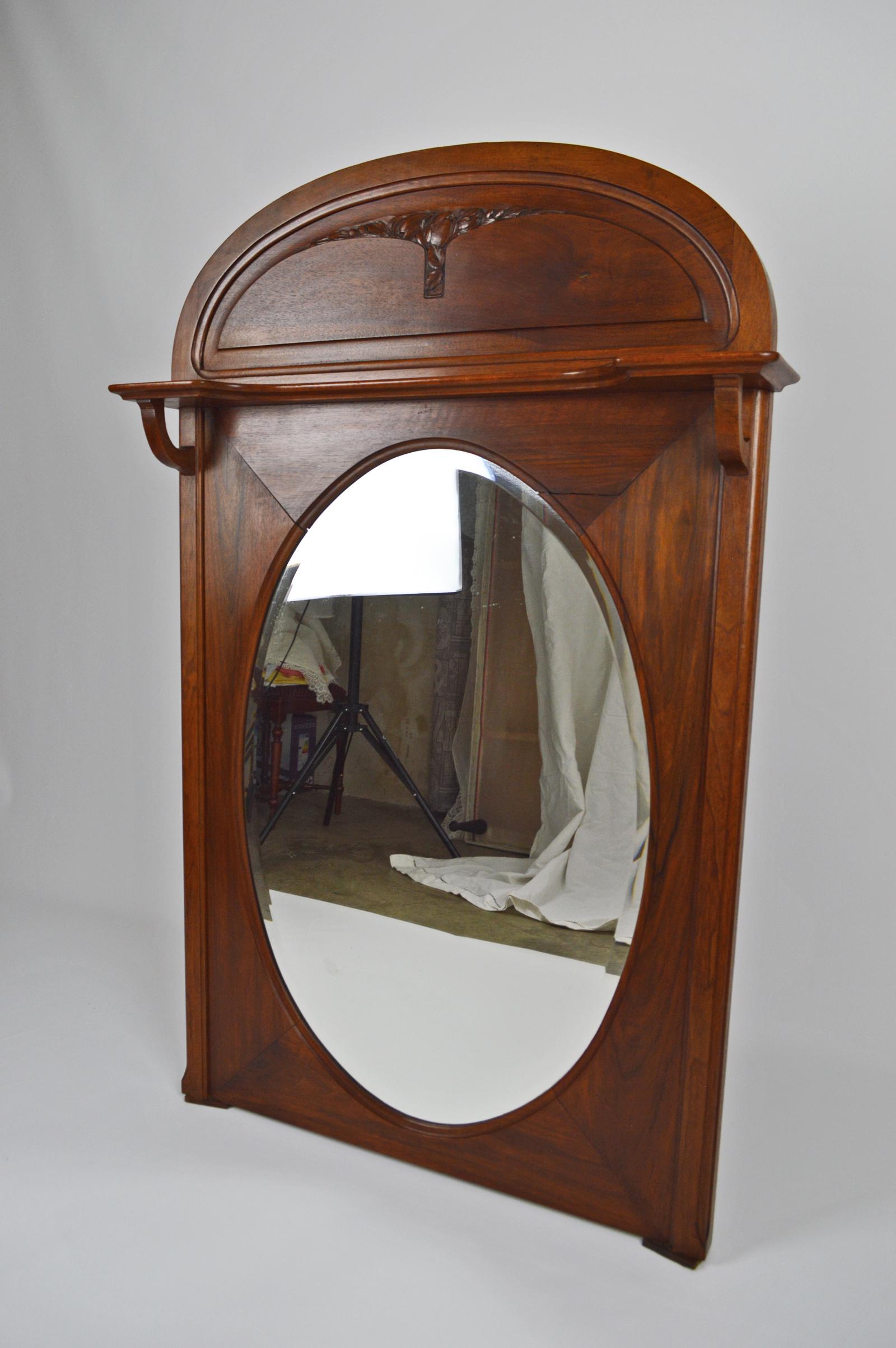 Beveled French Art Nouveau Fireplace Mantel Mirror, Carved Walnut on a Fruit Theme, 1910 For Sale
