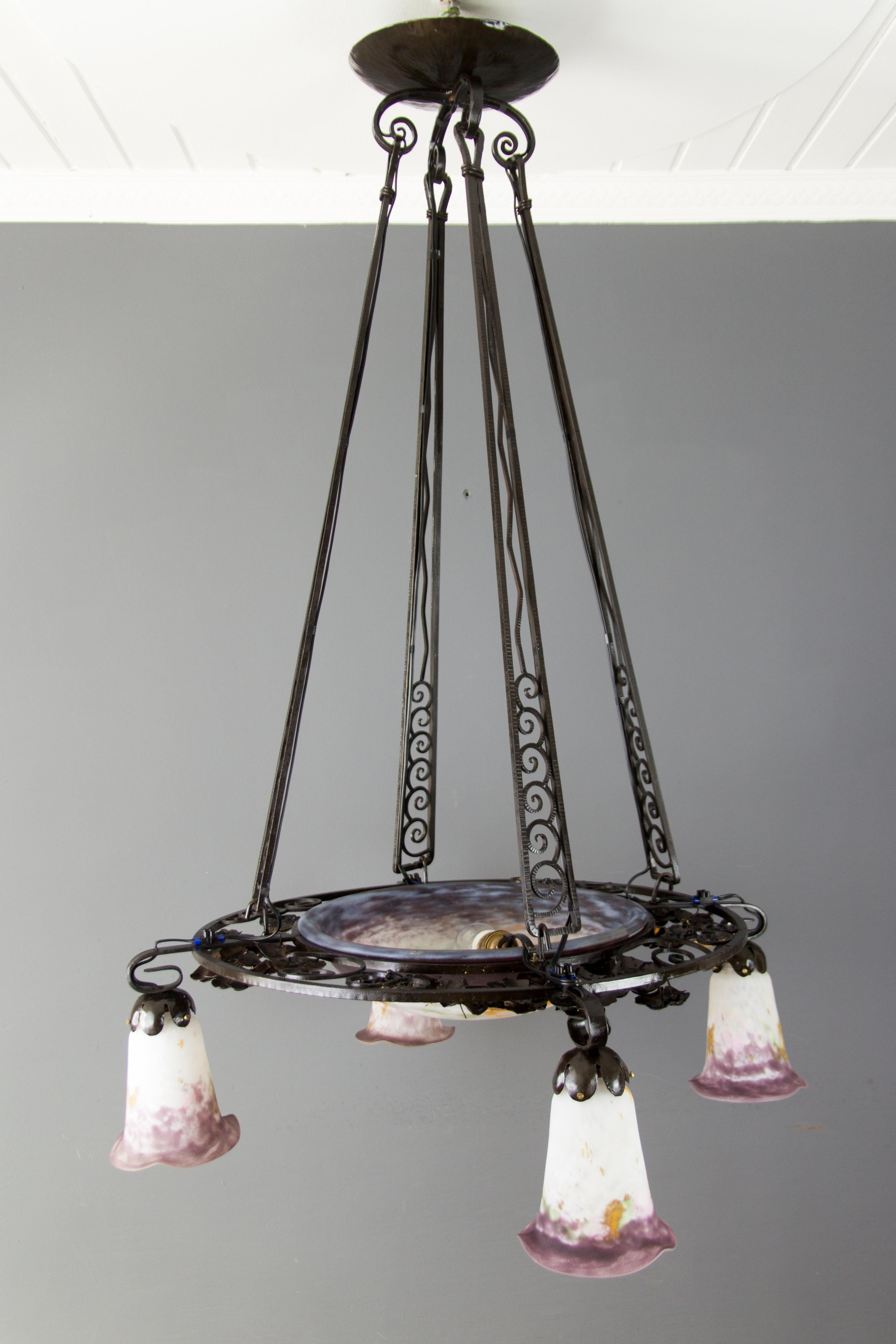 French Art Nouveau Five-Light Wrought Iron and Glass Chandelier Signed Lorrain 15