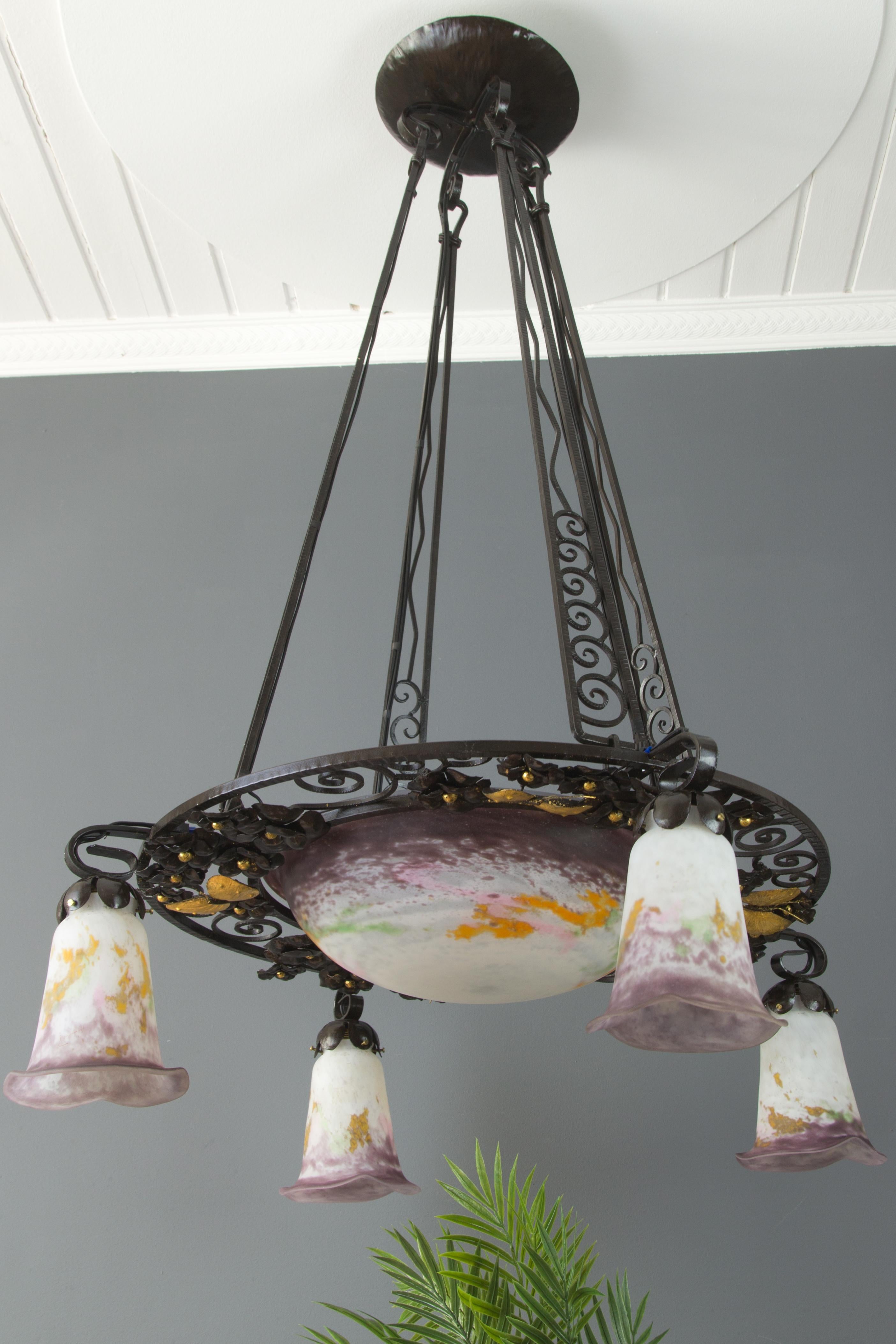 Early 20th Century French Art Nouveau Five-Light Wrought Iron and Glass Chandelier Signed Lorrain