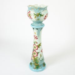 French Art Nouveau Floral-Decorated Majolica Jardiniere with Tall Pedestal