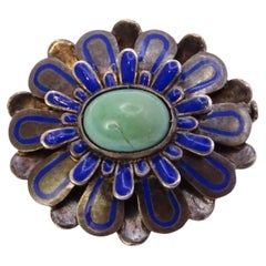 French Art Nouveau flower-shaped brooch, silver, blue enamel and turquoise