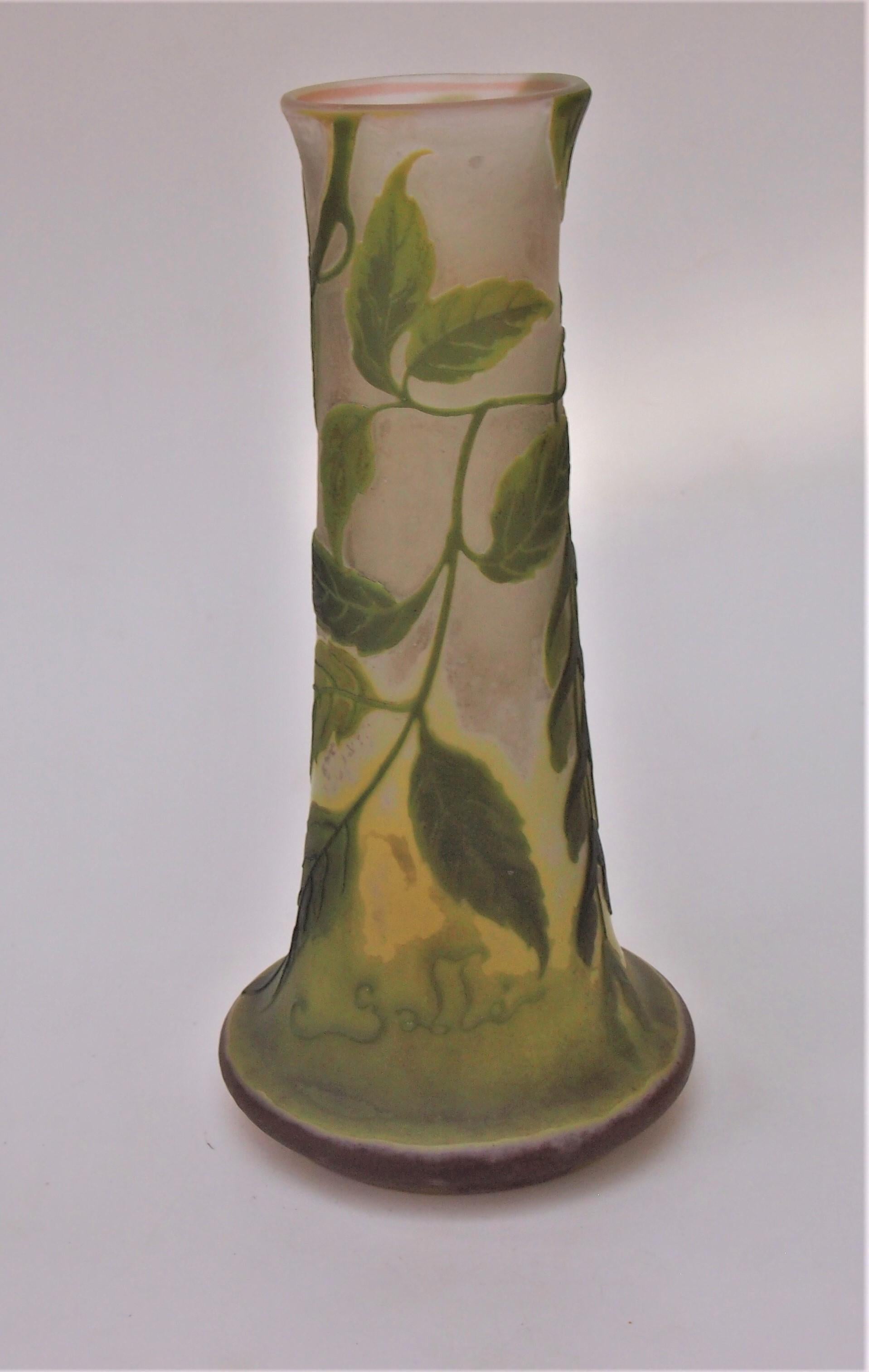 Super early Emile Galle four colour cameo vase in green, yellow, and (opaque) white over pink featuring downwards hanging box maple (Berce des prés) with a great early signature circa 1899 -see picture 7 -Four colour vases proved prohibitively