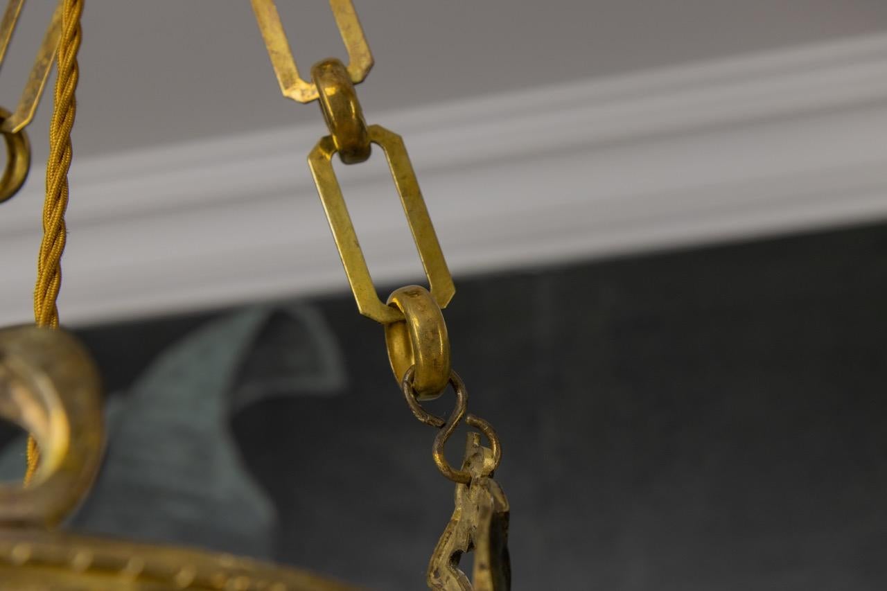 French Art Nouveau Frosted and Cut Glass Pendant Light with Bronze Mount, 1920s For Sale 9