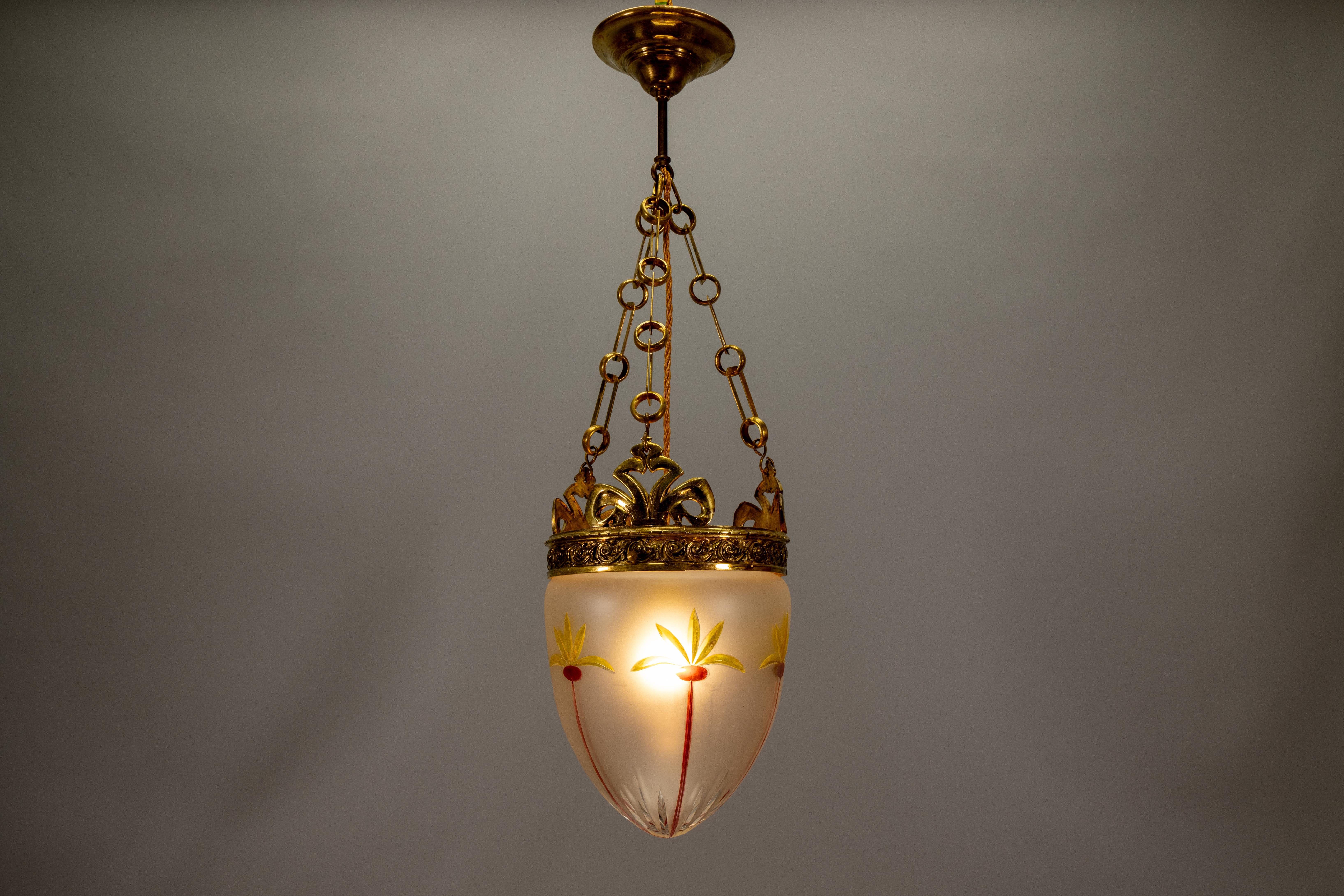Rare French Art Nouveau pendant light with hand-painted floral frosted glass, circa 1920 – an ornate lantern with bronze crown mount. 

An elegant French Art Nouveau pendant light from circa 1920, featuring frosted and cut glass with hand-painted