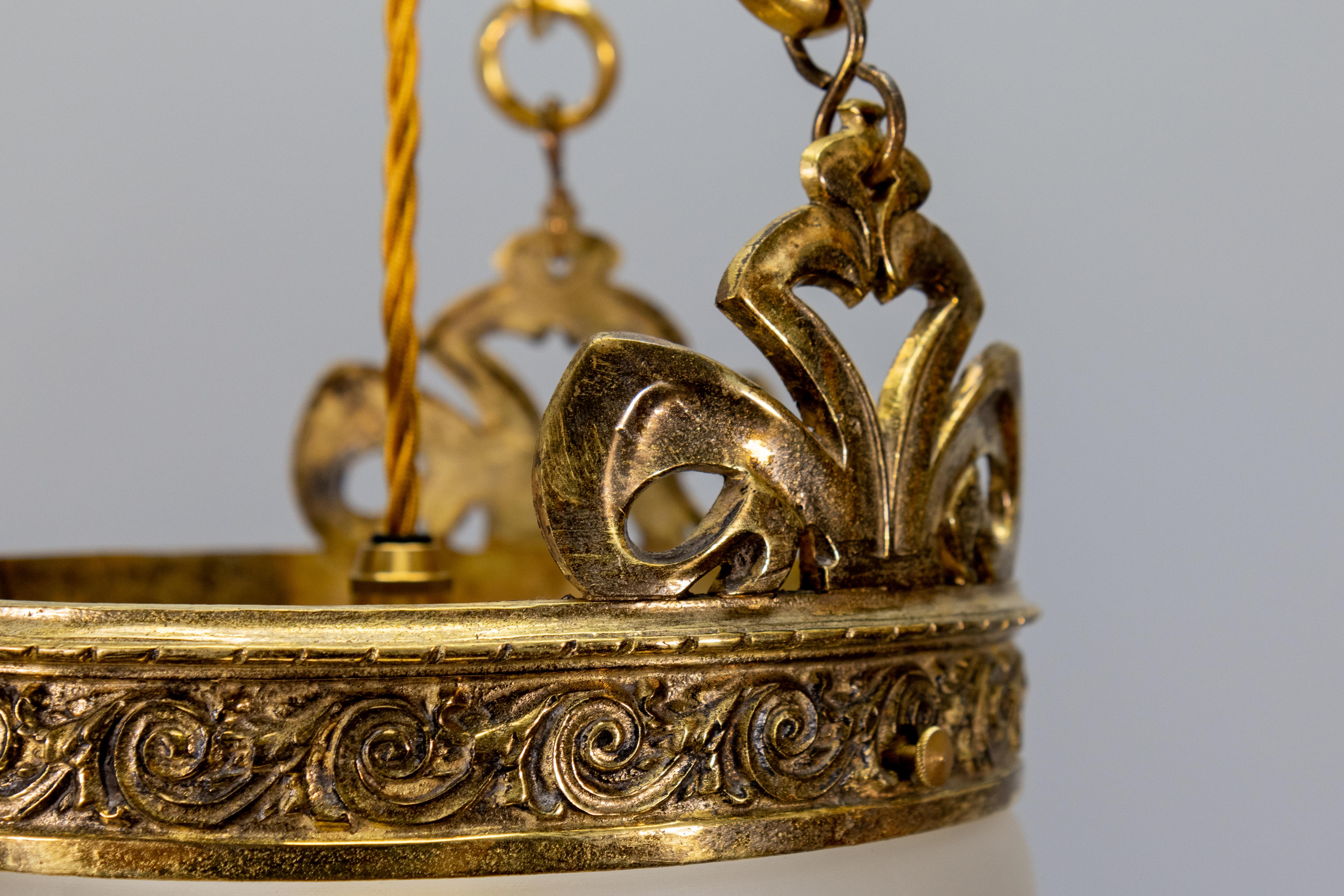 Brass French Art Nouveau Frosted and Cut Glass Pendant Light with Bronze Mount, 1920s For Sale