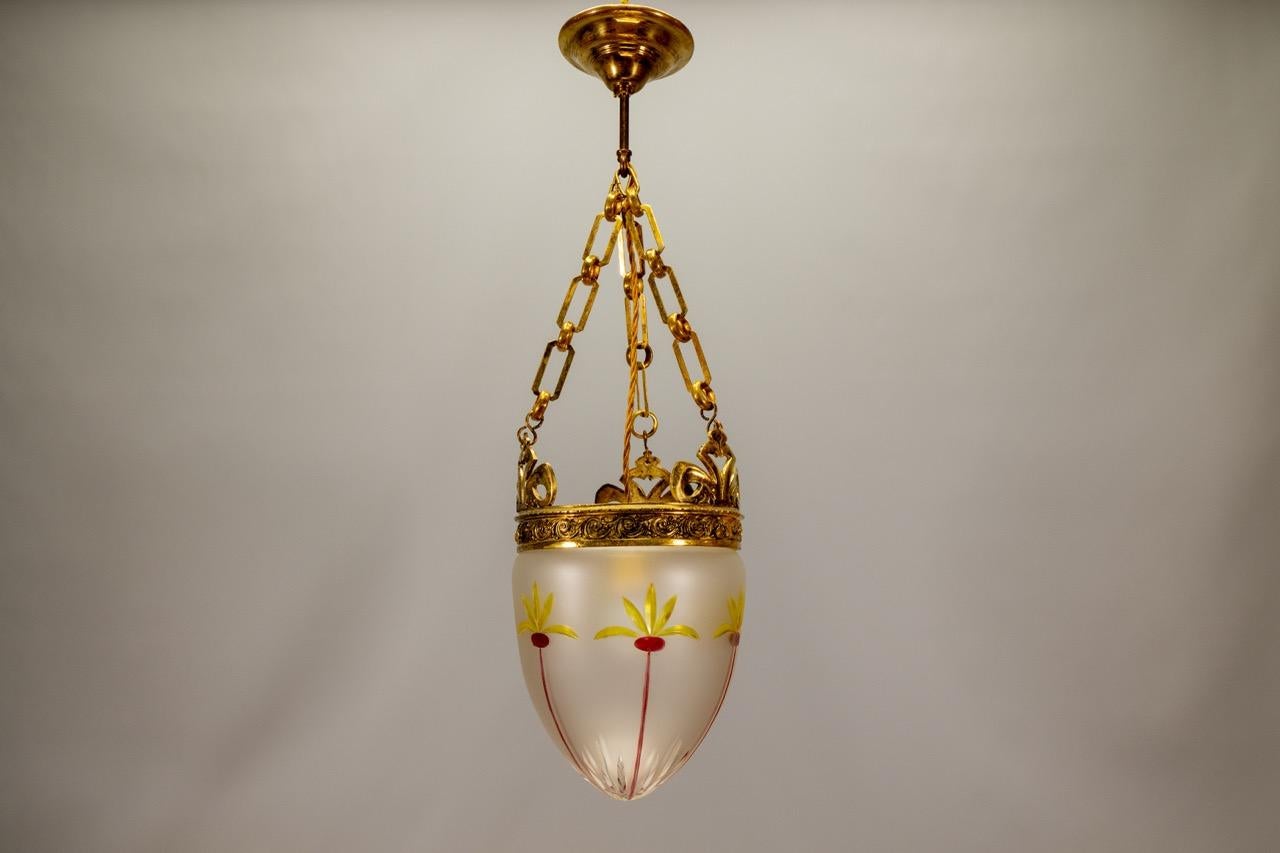 French Art Nouveau Frosted and Cut Glass Pendant Light with Bronze Mount, 1920s For Sale 1