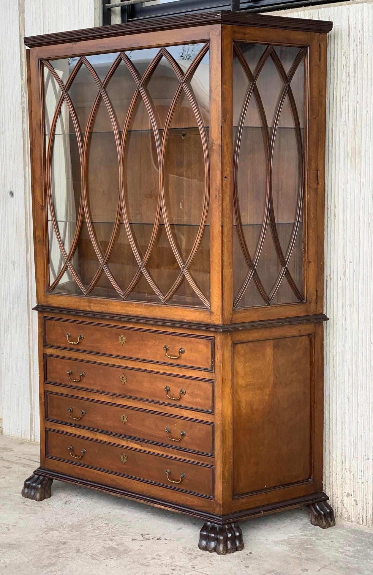 French Art Nouveau Fruitwood Wooden Showcase Vitrine with Four Drawers In Good Condition For Sale In Miami, FL