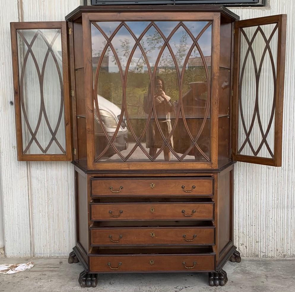 Glass French Art Nouveau Fruitwood Wooden Showcase Vitrine with Four Drawers For Sale