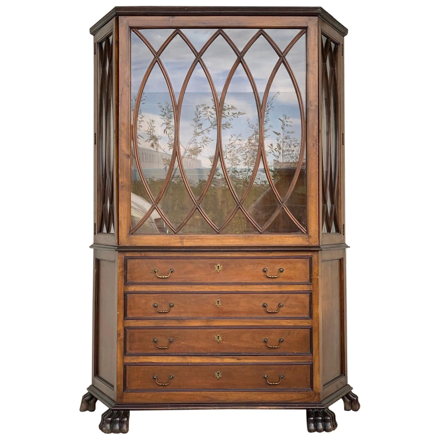 French Art Nouveau Fruitwood Wooden Showcase Vitrine with Four Drawers For Sale