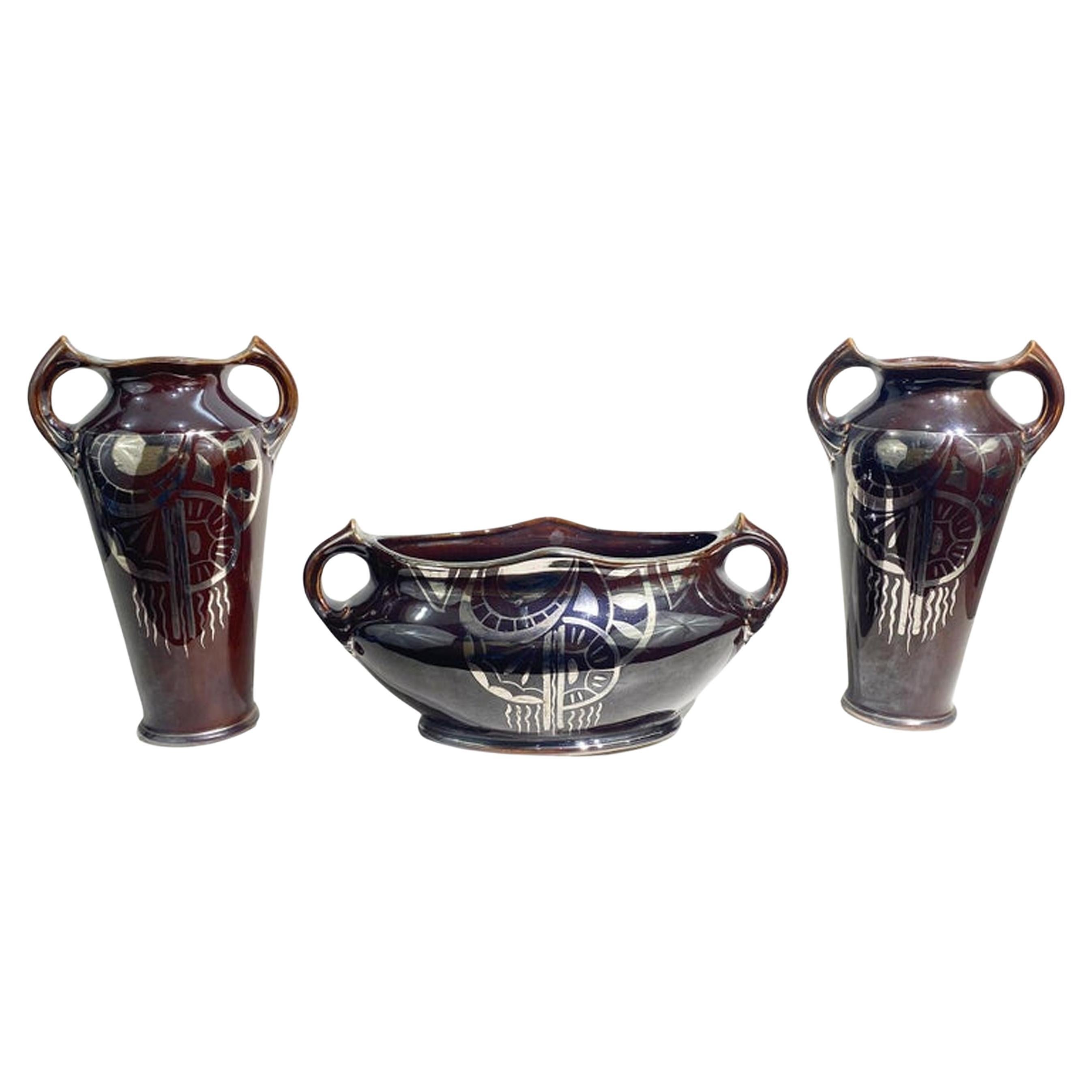 Juego de jarrones y jardinera franceses Art Nouveau, principios del siglo XX