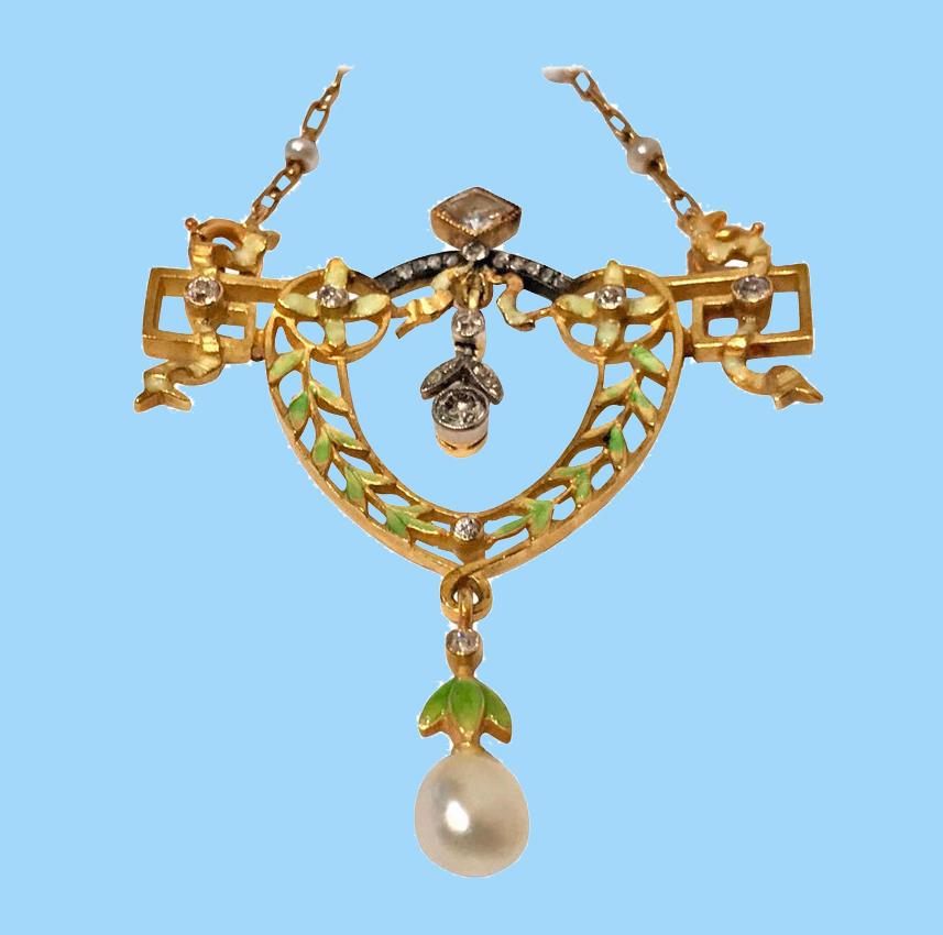 French Art Nouveau Gautrait 18 Karat Enamel Diamond Pearl Necklace 3
