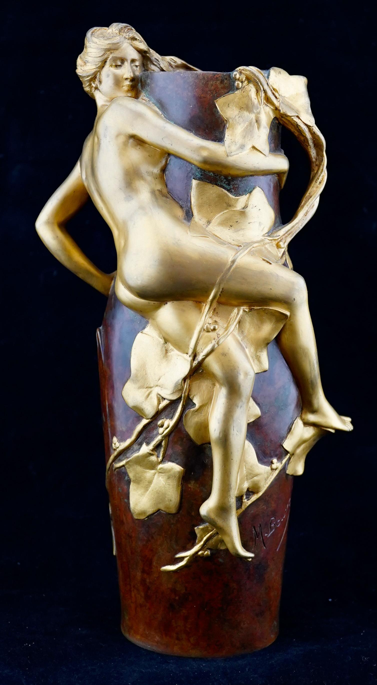 French Art Nouveau figural bronze vase by well listed sculptor Maurice Bouval (1863-1916). Signed in casting. 