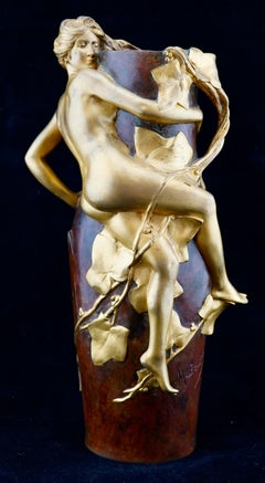French Art Nouveau Gilded and Patinated Figural Bronze Vase by Maurice Bouval