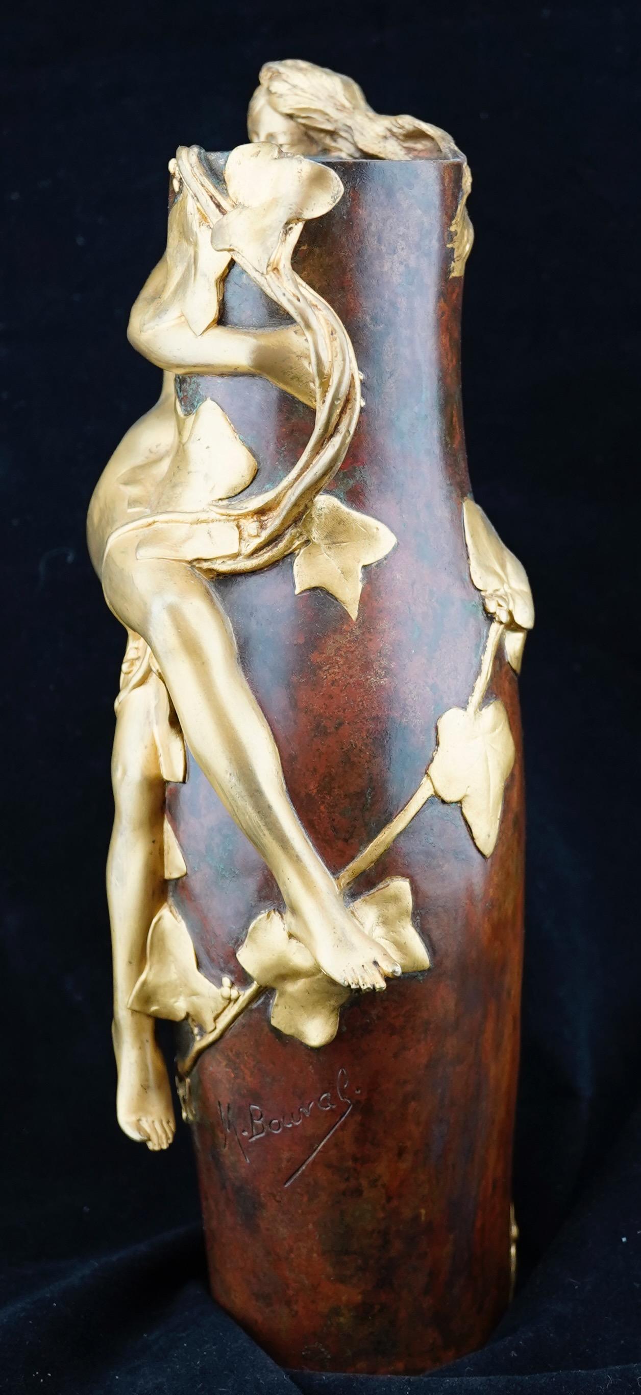 Cast French Art Nouveau Gilded and Patinated Figural Bronze Vase by Maurice Bouval For Sale