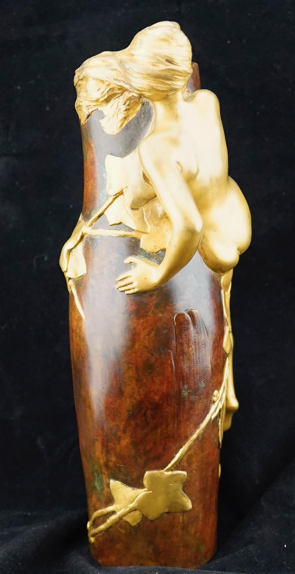 Late 19th Century French Art Nouveau Gilded and Patinated Figural Bronze Vase by Maurice Bouval For Sale