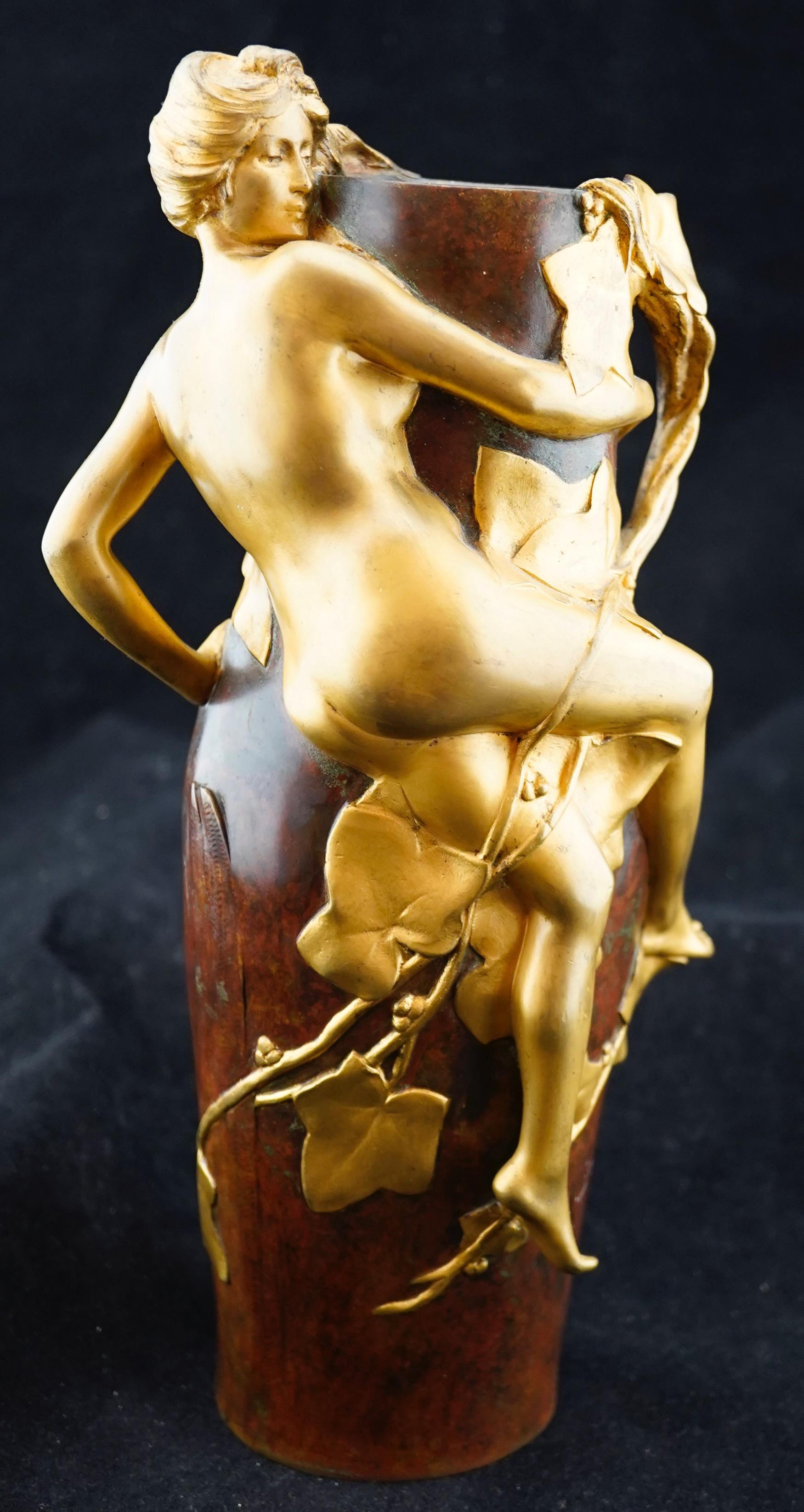 French Art Nouveau Gilded and Patinated Figural Bronze Vase by Maurice Bouval For Sale 1