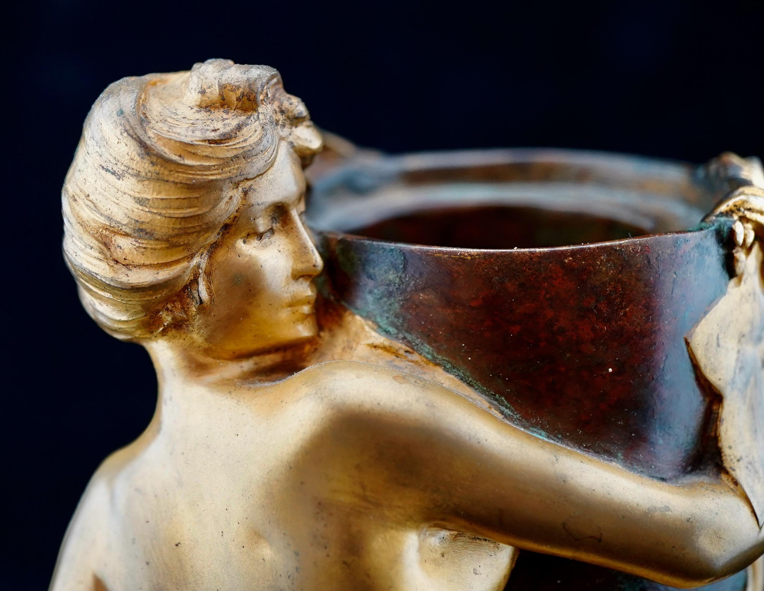 French Art Nouveau Gilded and Patinated Figural Bronze Vase by Maurice Bouval For Sale 2
