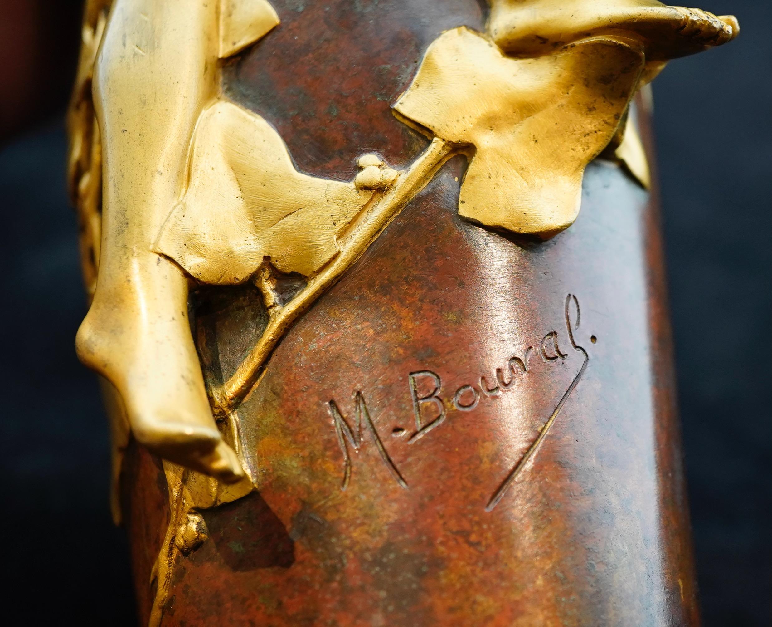 French Art Nouveau Gilded and Patinated Figural Bronze Vase by Maurice Bouval For Sale 3