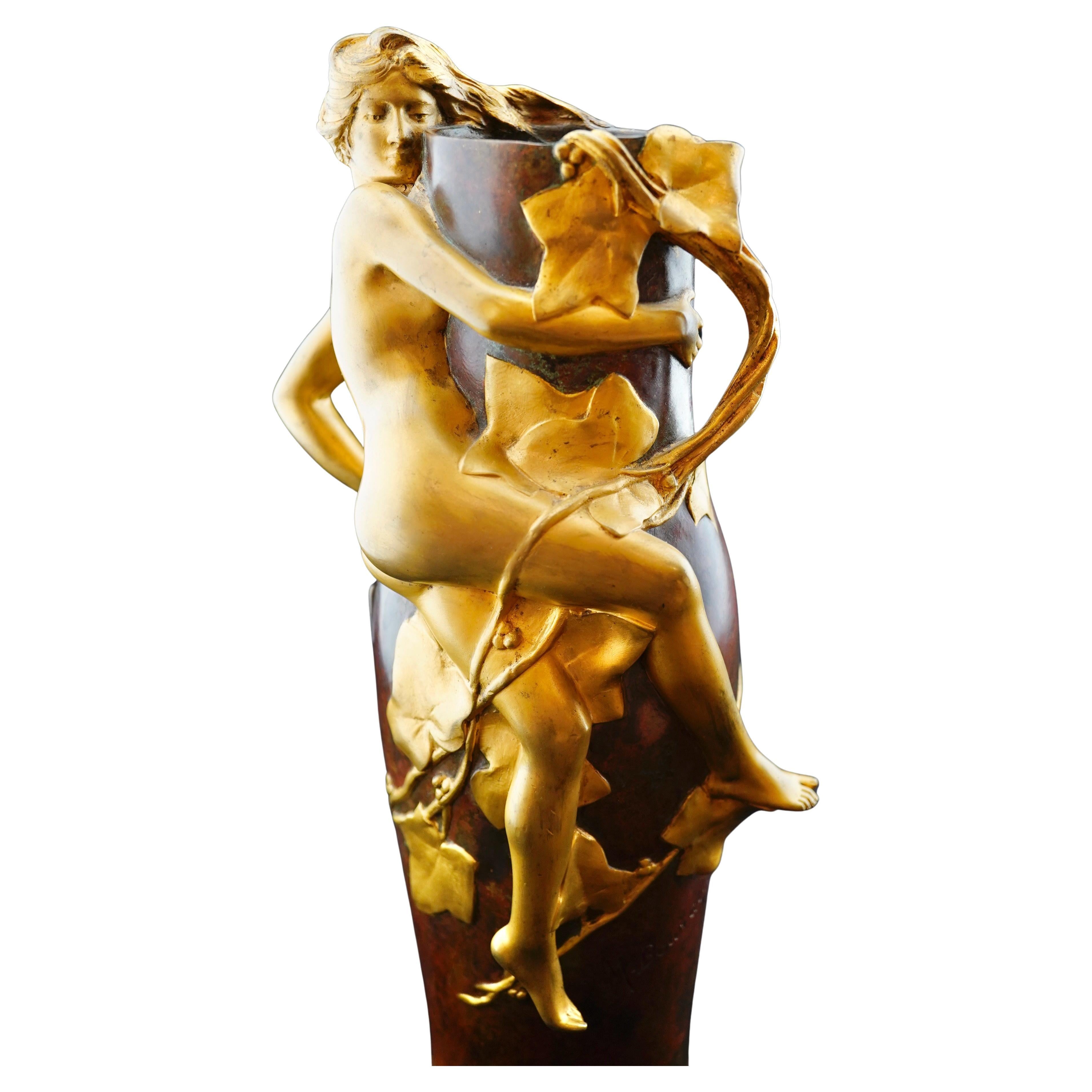 French Art Nouveau Gilded and Patinated Figural Bronze Vase by Maurice Bouval For Sale