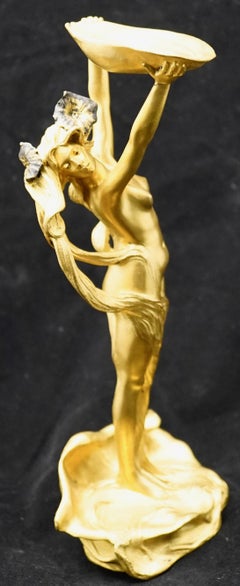 French Art Nouveau Gilded Bronze of a Mermaid Holding a Shell by Louchet Foundry