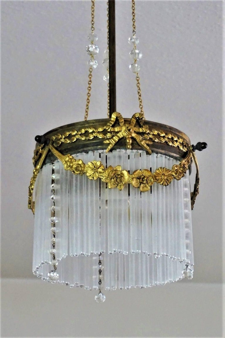 French Art Nouveau Gilt Bronze Brass Chandelier with Glass Rods Crystal