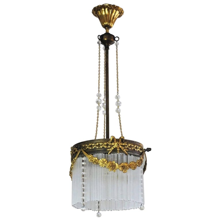 French Art Nouveau Gilt Bronze Brass Chandelier With Glass Rods French Art Nouveau Gilt Bronze Brass Chandelier With Glass Rods Crystal Pearls For