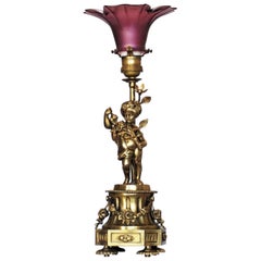 Antique French Art Nouveau Gilt Bronze Cherub Table Lamp with Vaseline Glass Tulip