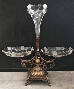 French Art Nouveau gilt bronze epergne with engraved crystal bowls, 1900s