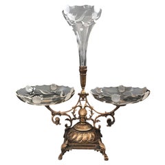 French Art Nouveau gilt bronze epergne with engraved crystal bowls, 1900s