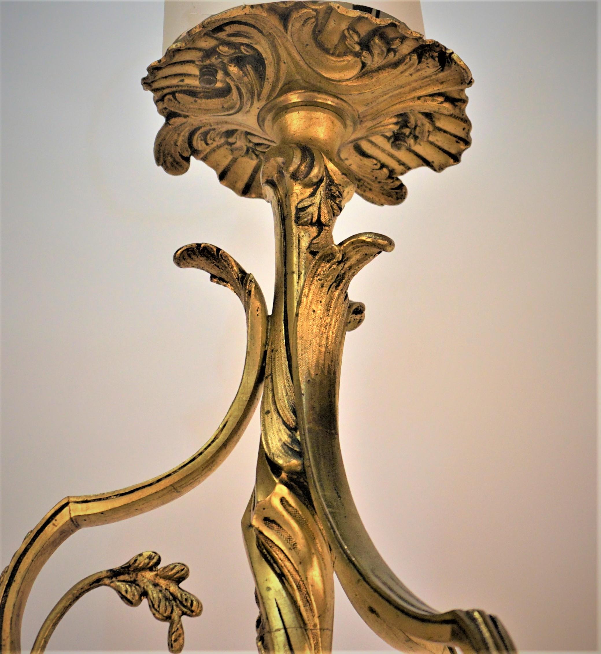 French Art Nouveau Gilt Bronze Etched Glass Chandelier In Good Condition For Sale In Fairfax, VA