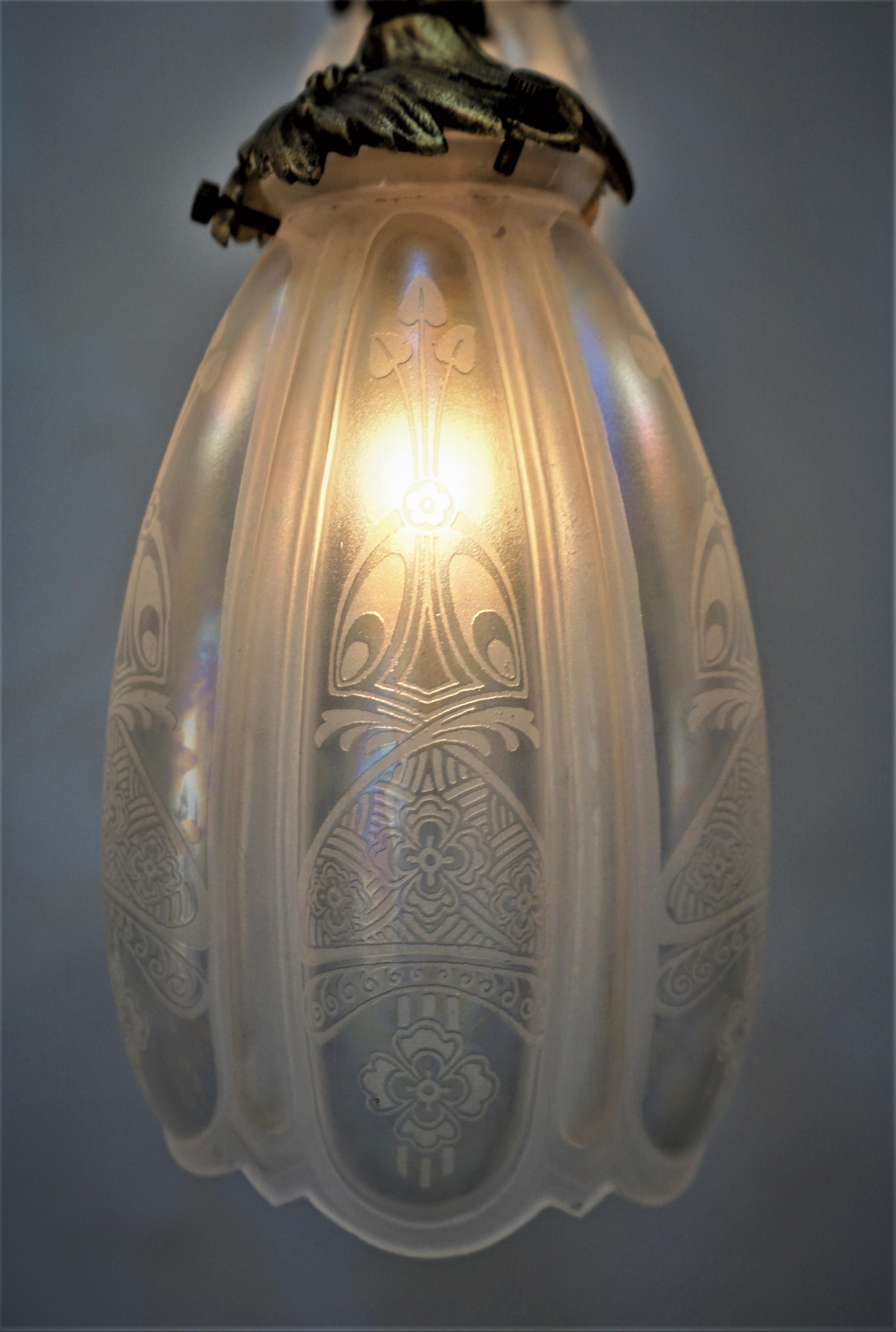 French Art Nouveau Gilt Bronze Etched Glass Chandelier For Sale 1