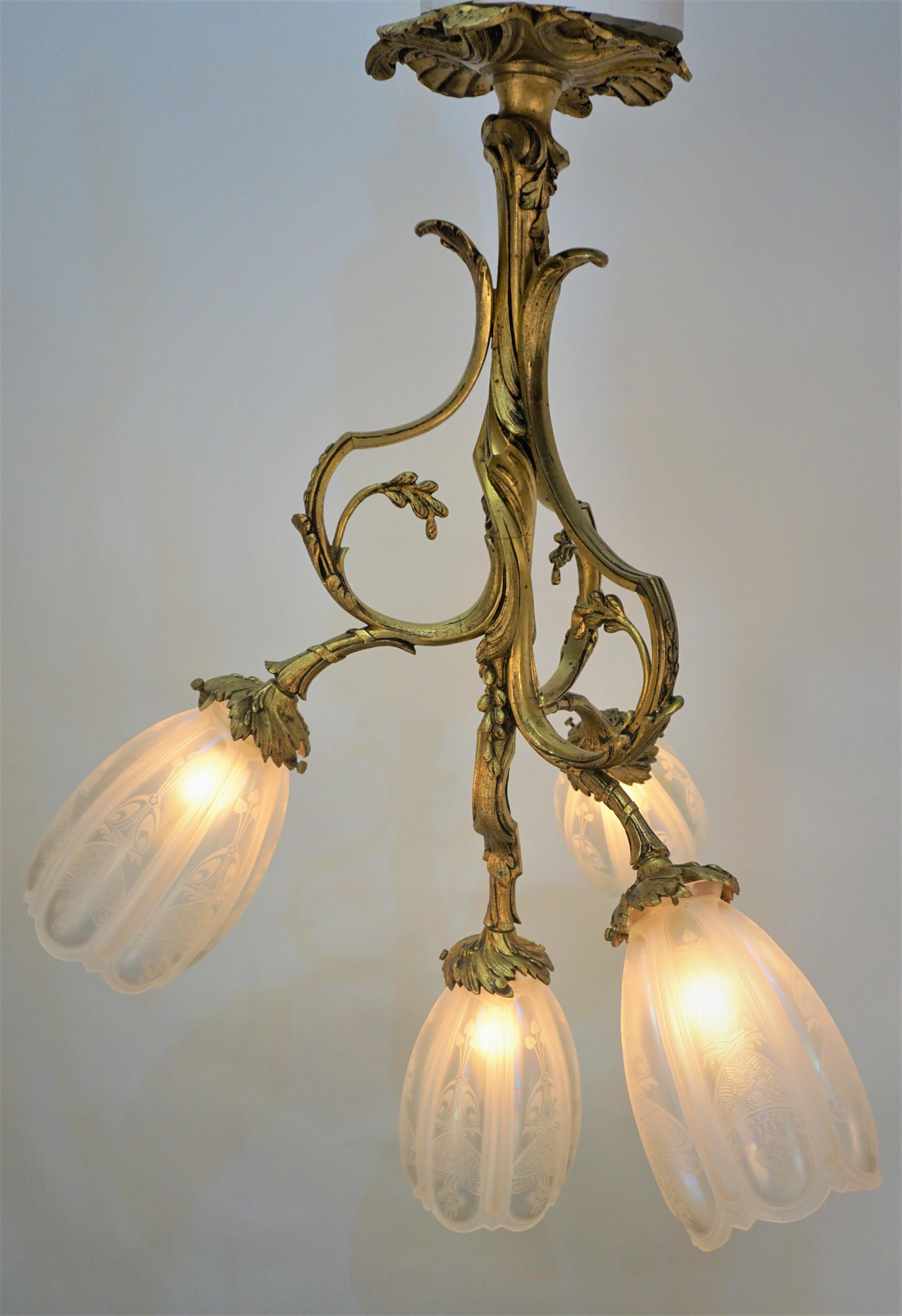 French Art Nouveau Gilt Bronze Etched Glass Chandelier For Sale 2