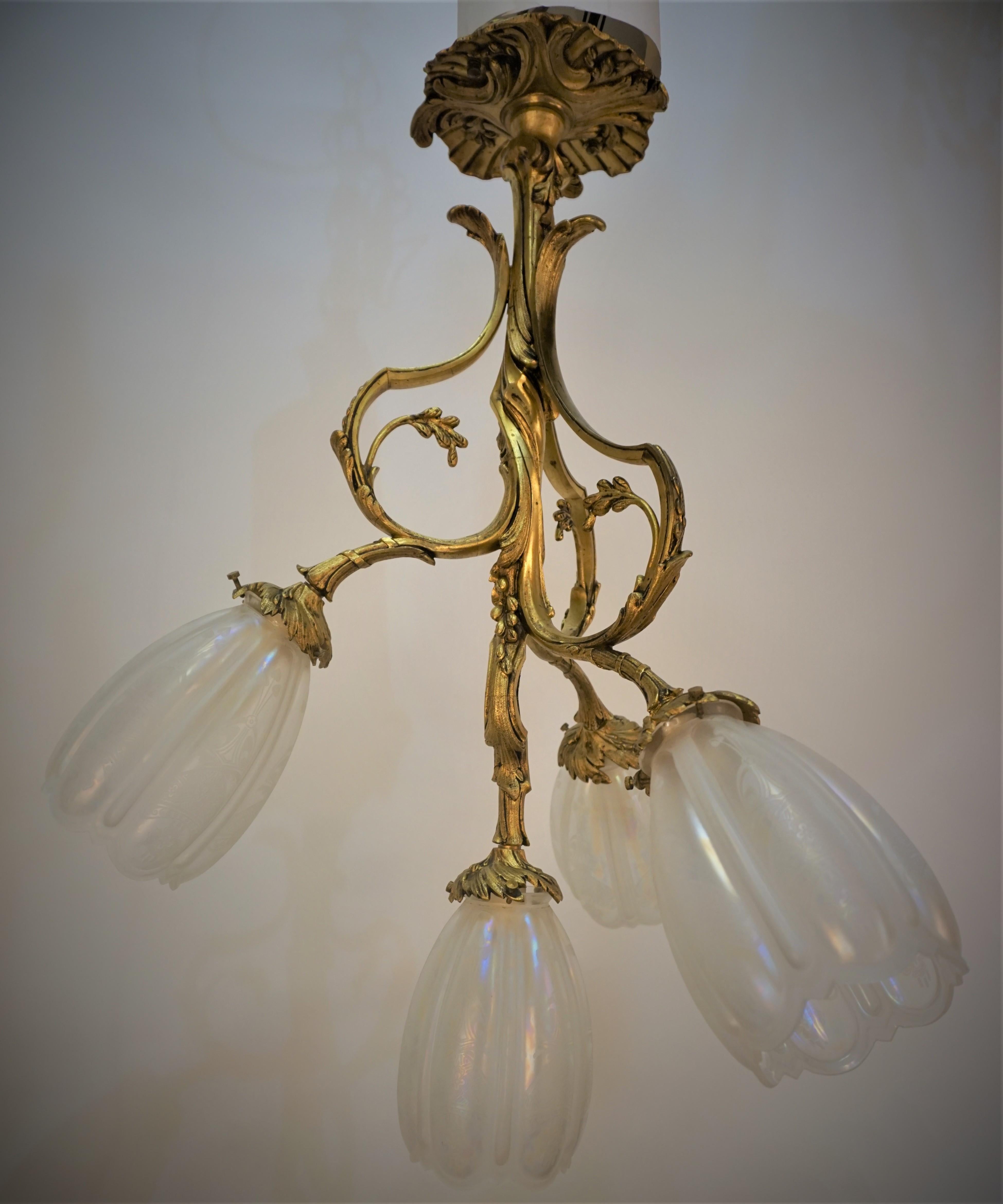 French Art Nouveau Gilt Bronze Etched Glass Chandelier For Sale 3