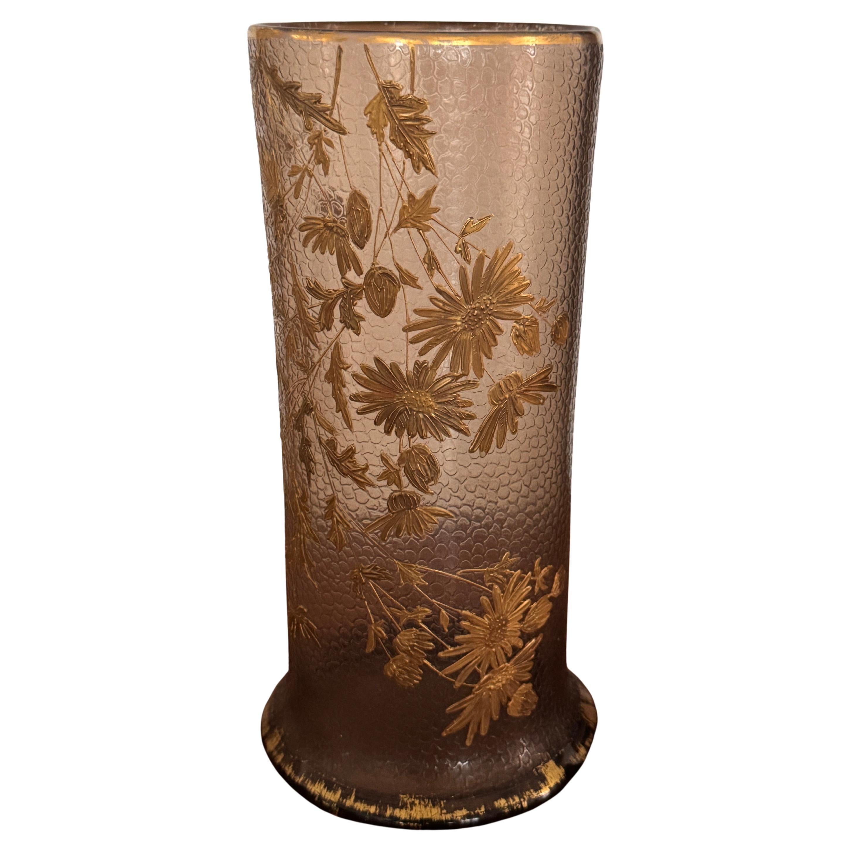 French Art Nouveau Gilt Floral Blown-Glass Vase Martelé, Legras, 1900s For Sale