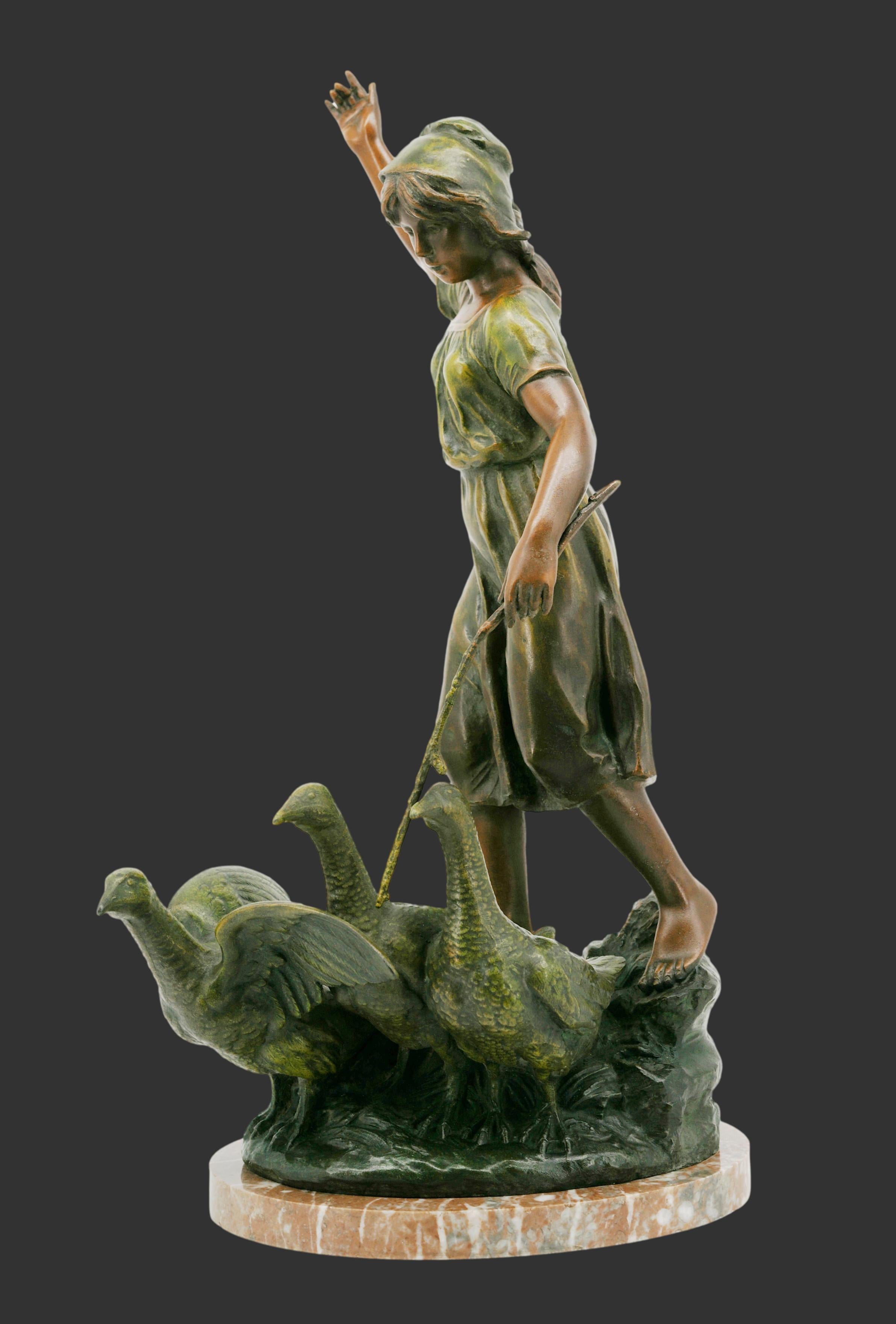 French Art Nouveau sculpture by Charles-Georges FERVILLE-SUAN (1847-1925), France,  ca.1900. Young Girl with 3 gooses. 
Spelter and marble. Height : 18.9