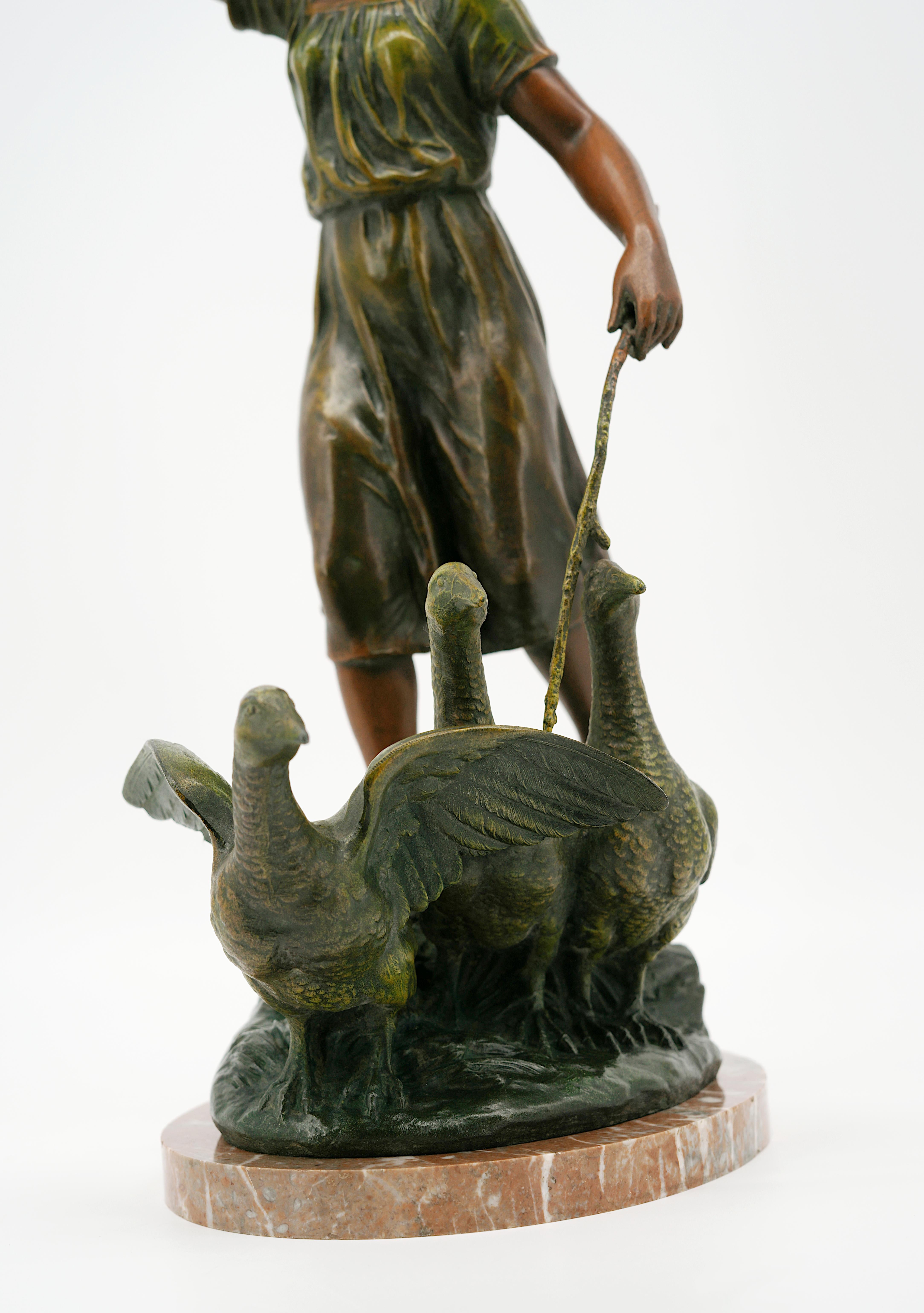 Early 20th Century French Art Nouveau Girl & Gooses Sculpture by Charles-Georges Ferville-Suan