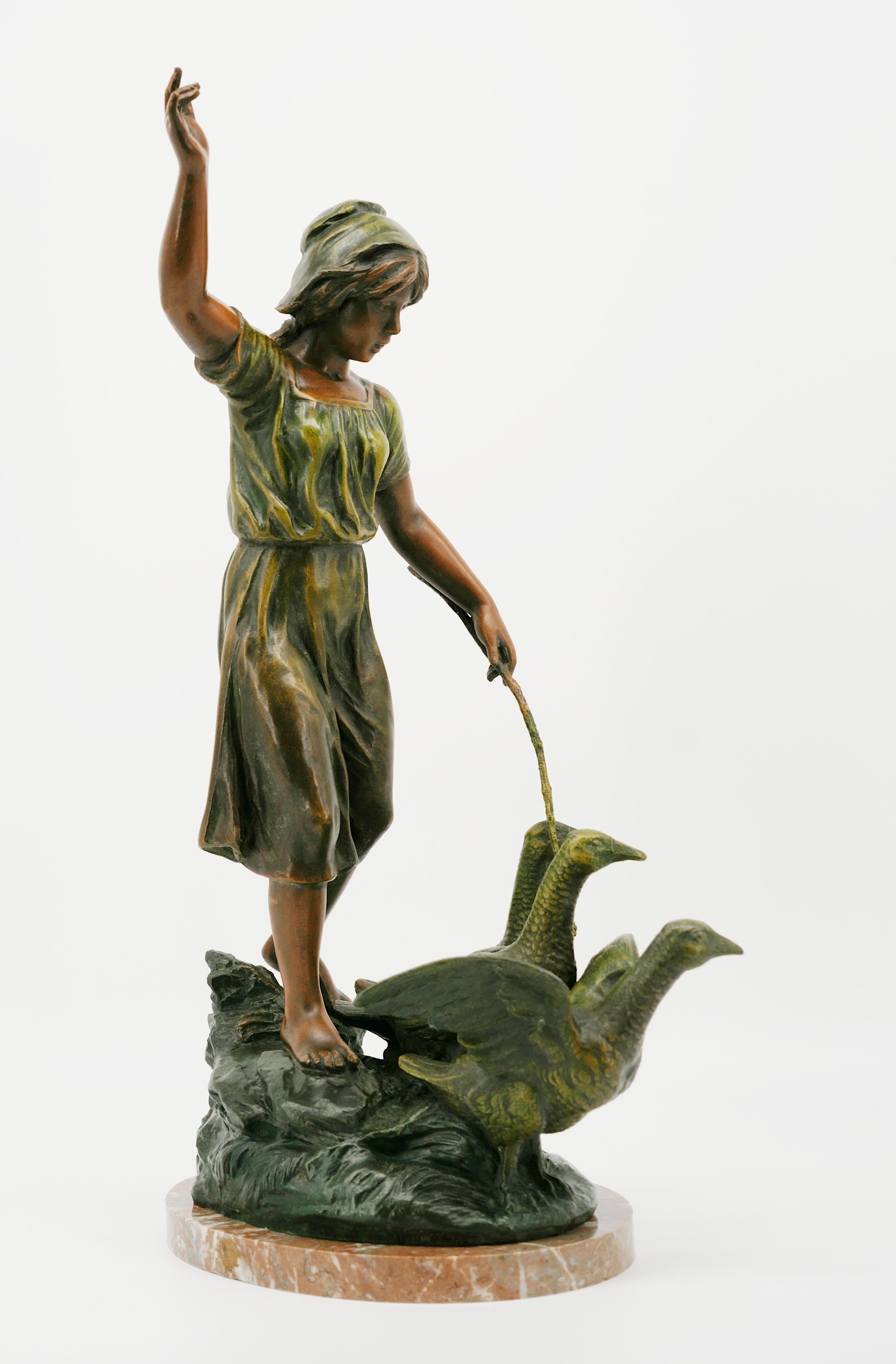 Spelter French Art Nouveau Girl & Gooses Sculpture by Charles-Georges Ferville-Suan