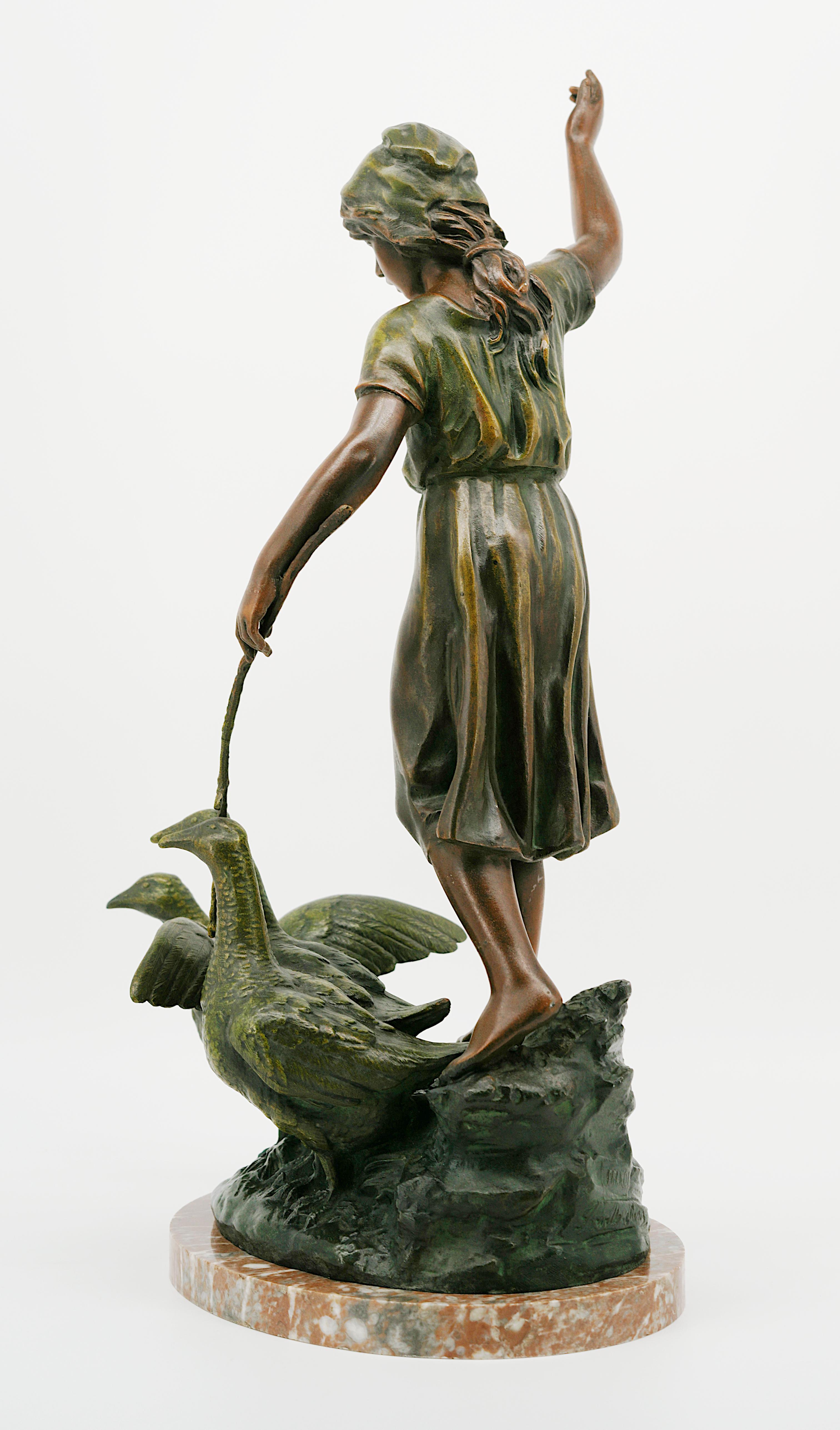 French Art Nouveau Girl & Gooses Sculpture by Charles-Georges Ferville-Suan 3