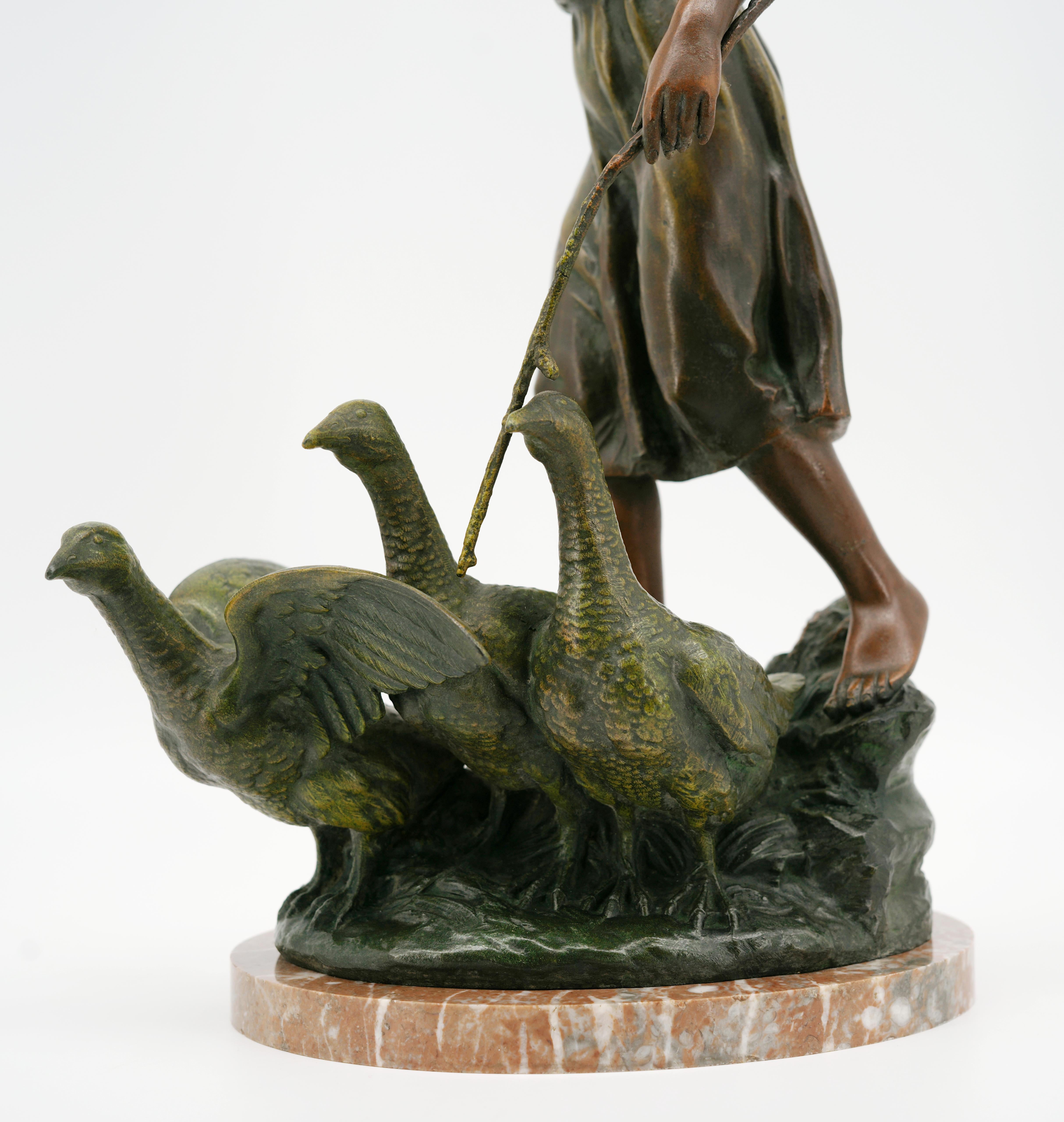 French Art Nouveau Girl & Gooses Sculpture by Charles-Georges Ferville-Suan 4