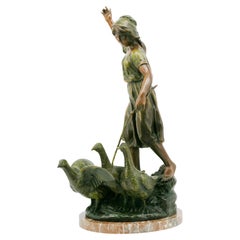 French Art Nouveau Girl & Gooses Sculpture by Charles-Georges Ferville-Suan