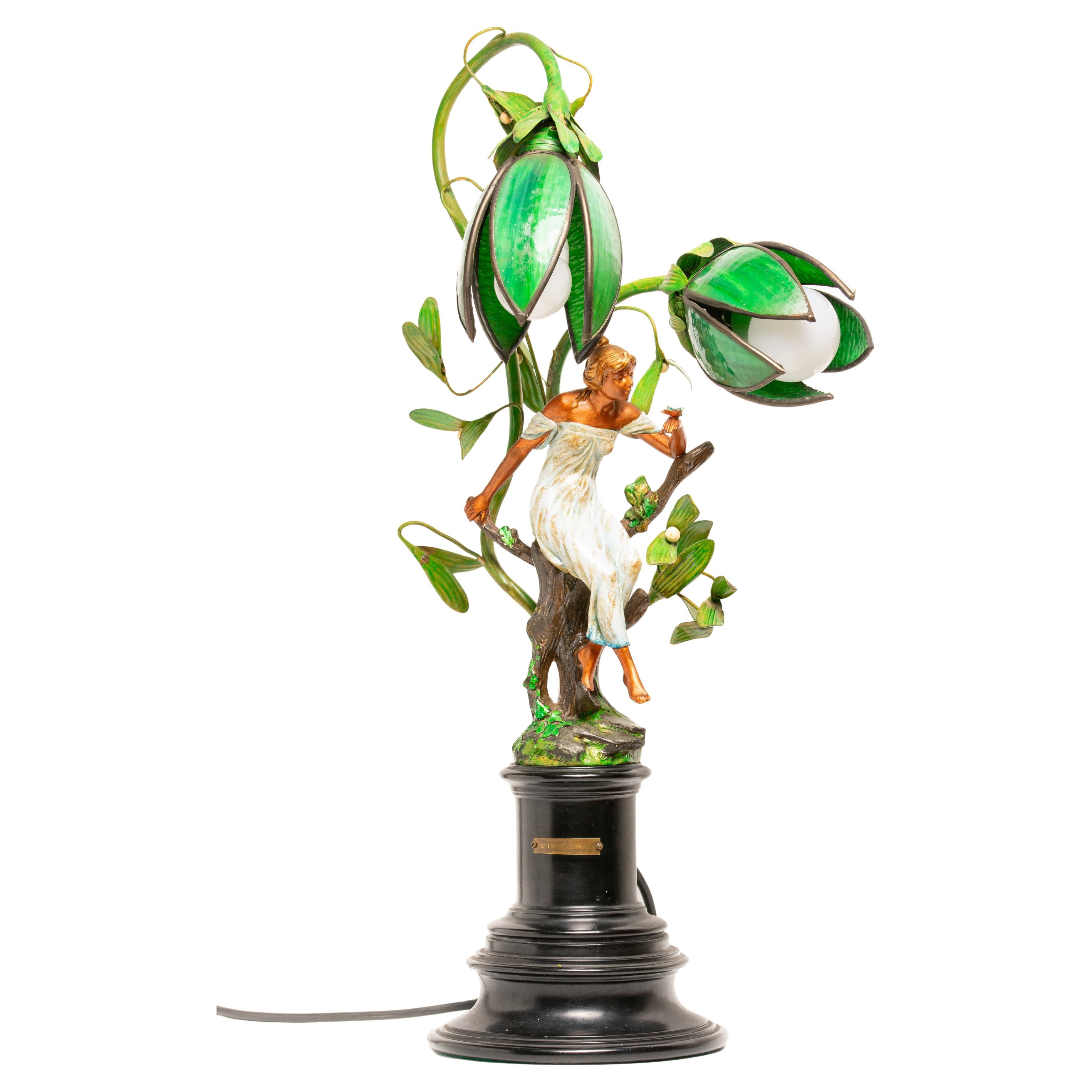 Art Nouveau Glass and Spelter Floral Sculptural Table Lamp