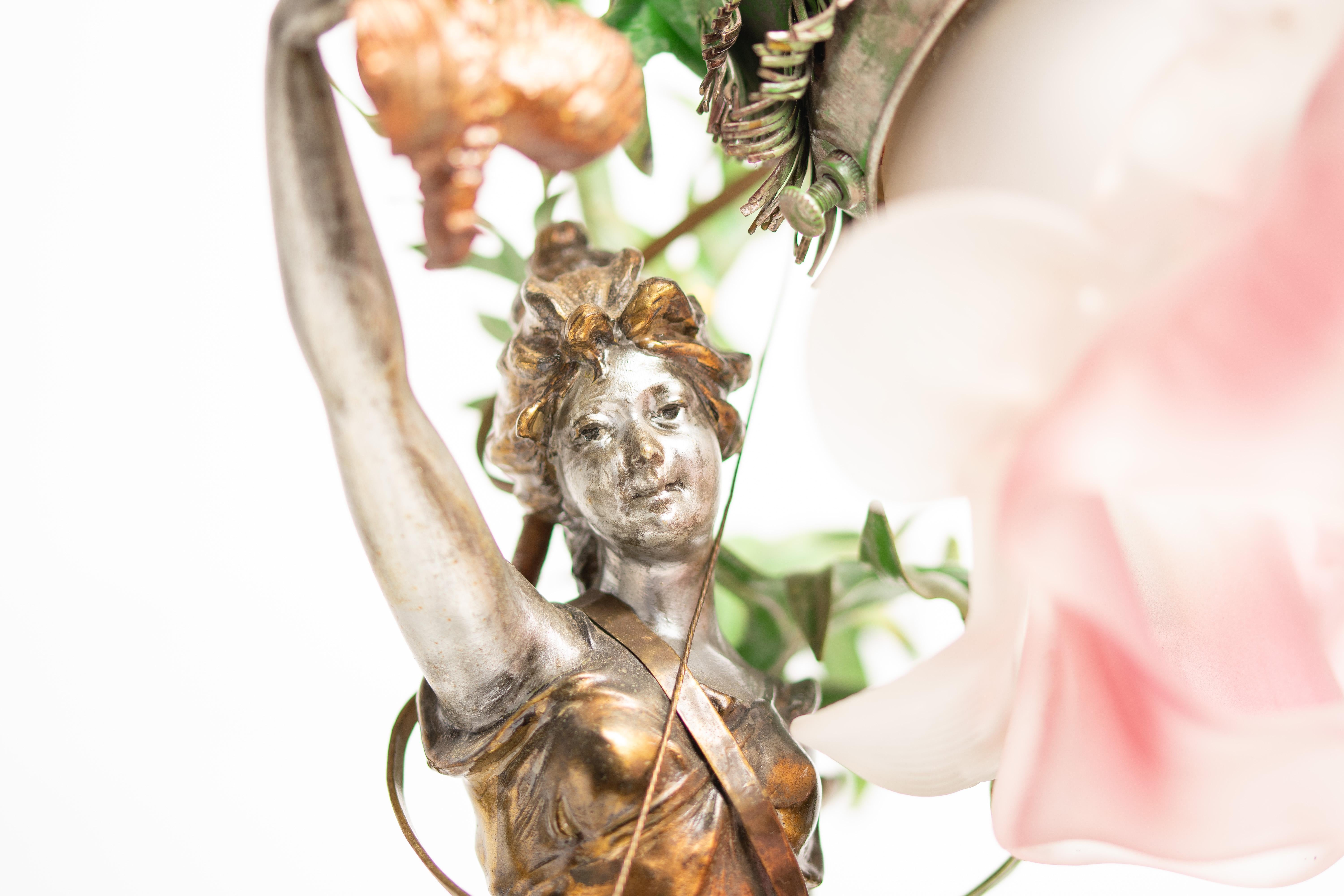 Art Nouveau Glas und Zinn Skulpturale Lampe im Angebot 7