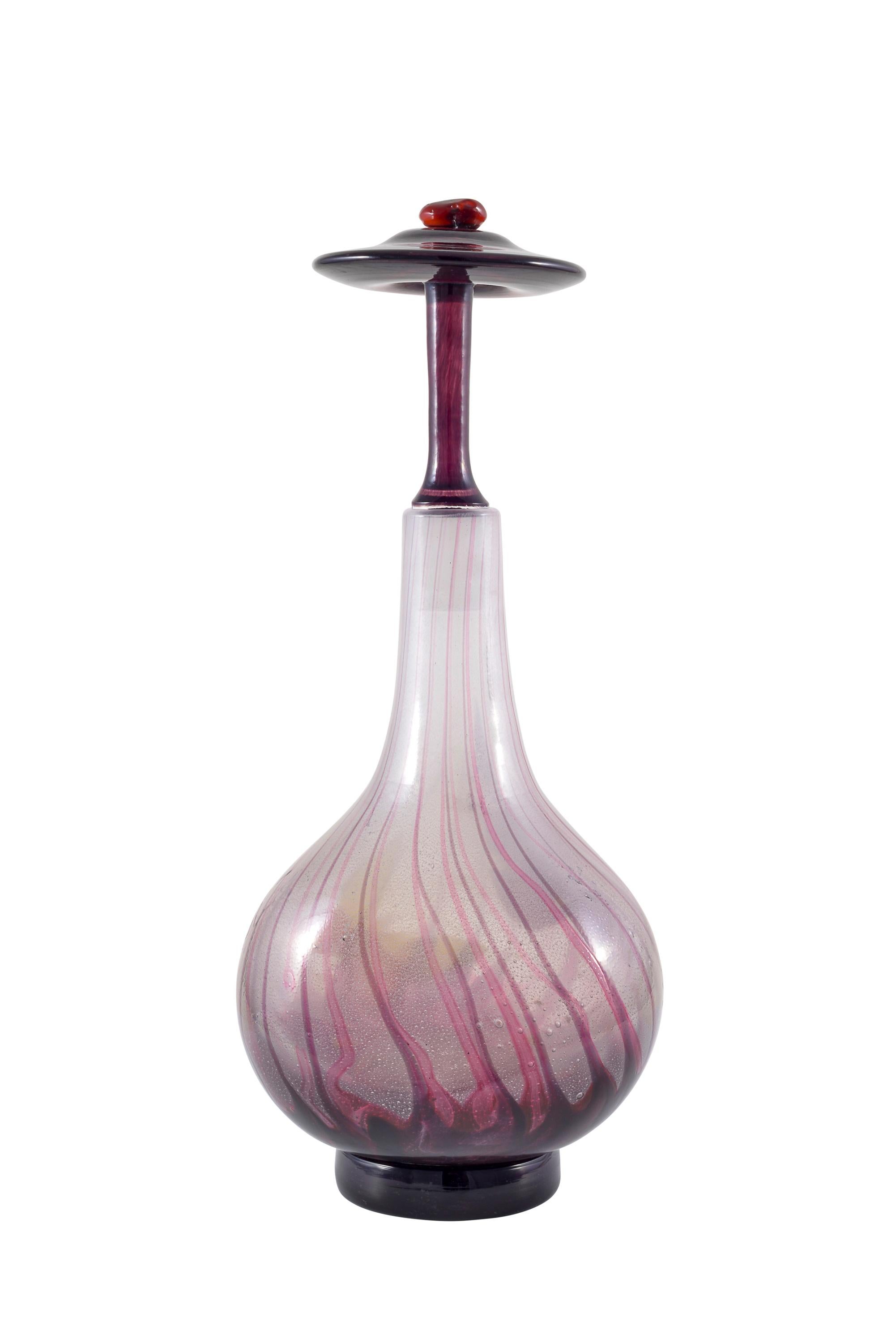 French Art Nouveau glass bottle with stopper Émile Gallé Nancy circa 1900 purple yellow butterfly Applications Marqueterie-sur-verre

Two butterflies dance around the bulbous vessel. Tendrils and foliage of pink and purple colored glass rise from