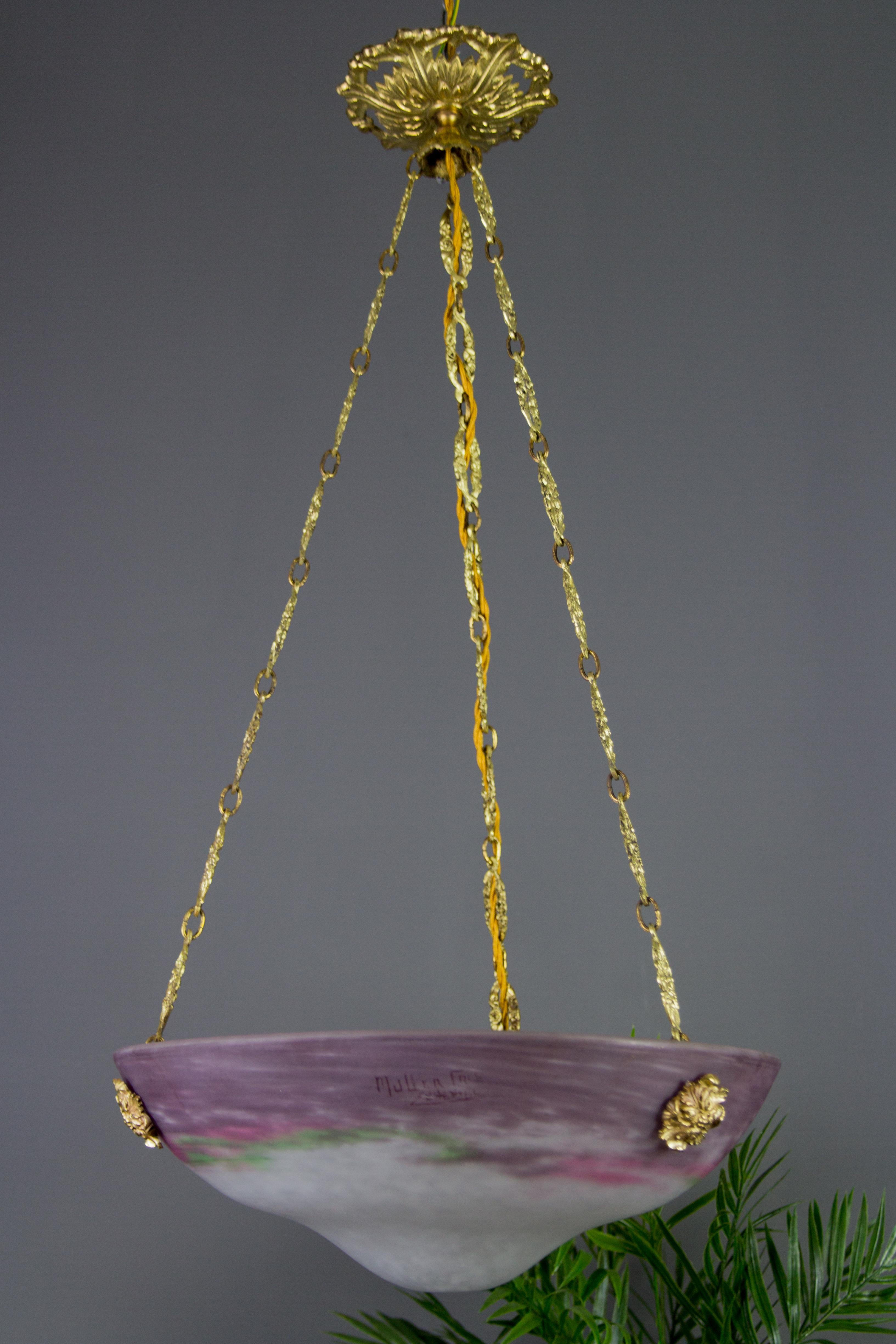 French Art Nouveau Glass Bowl Pendant Chandelier Signed by Muller Frères, 1920s For Sale 15