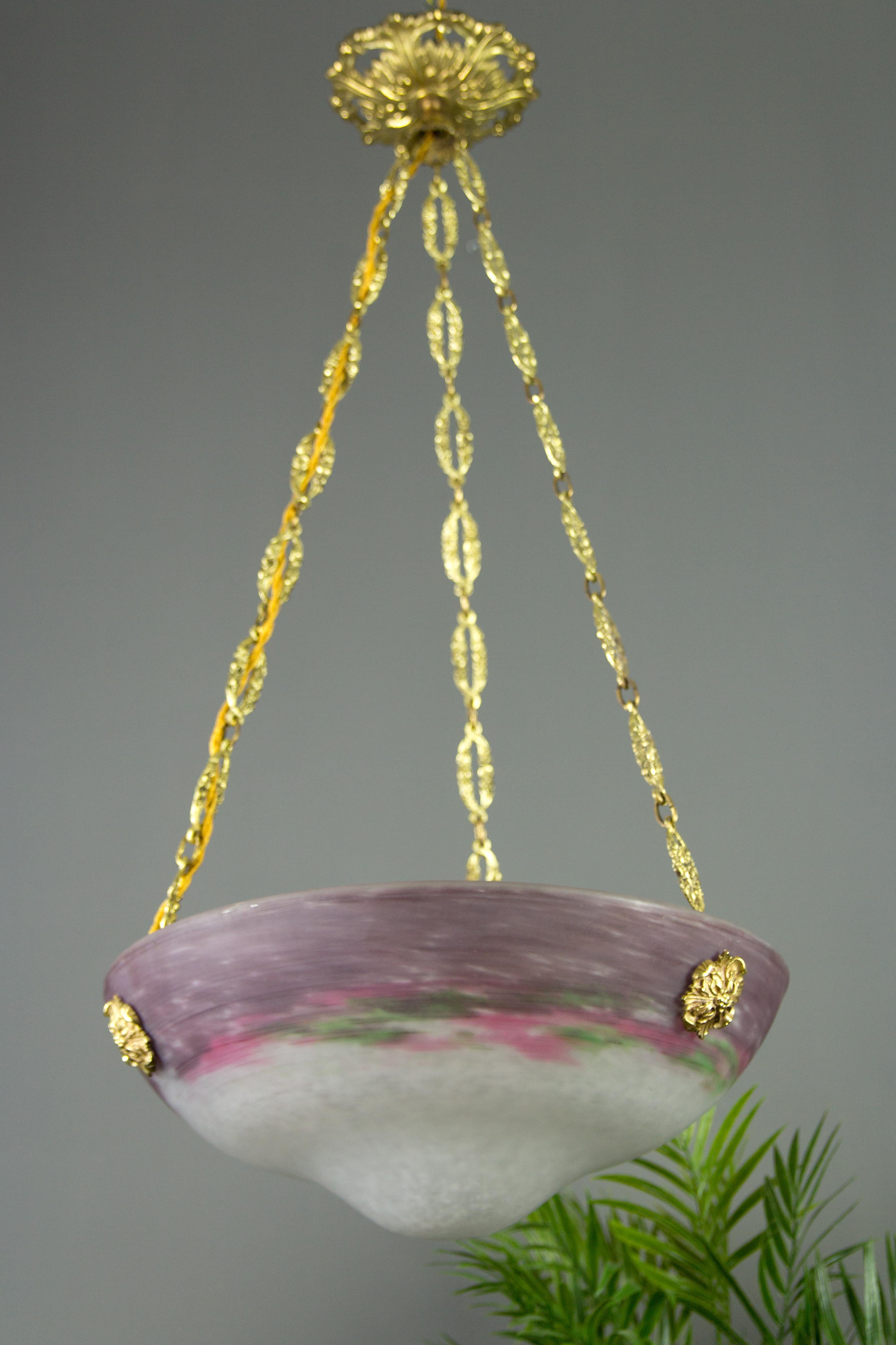 French Art Nouveau Glass Bowl Pendant Chandelier Signed by Muller Frères, 1920s In Good Condition For Sale In Barntrup, DE