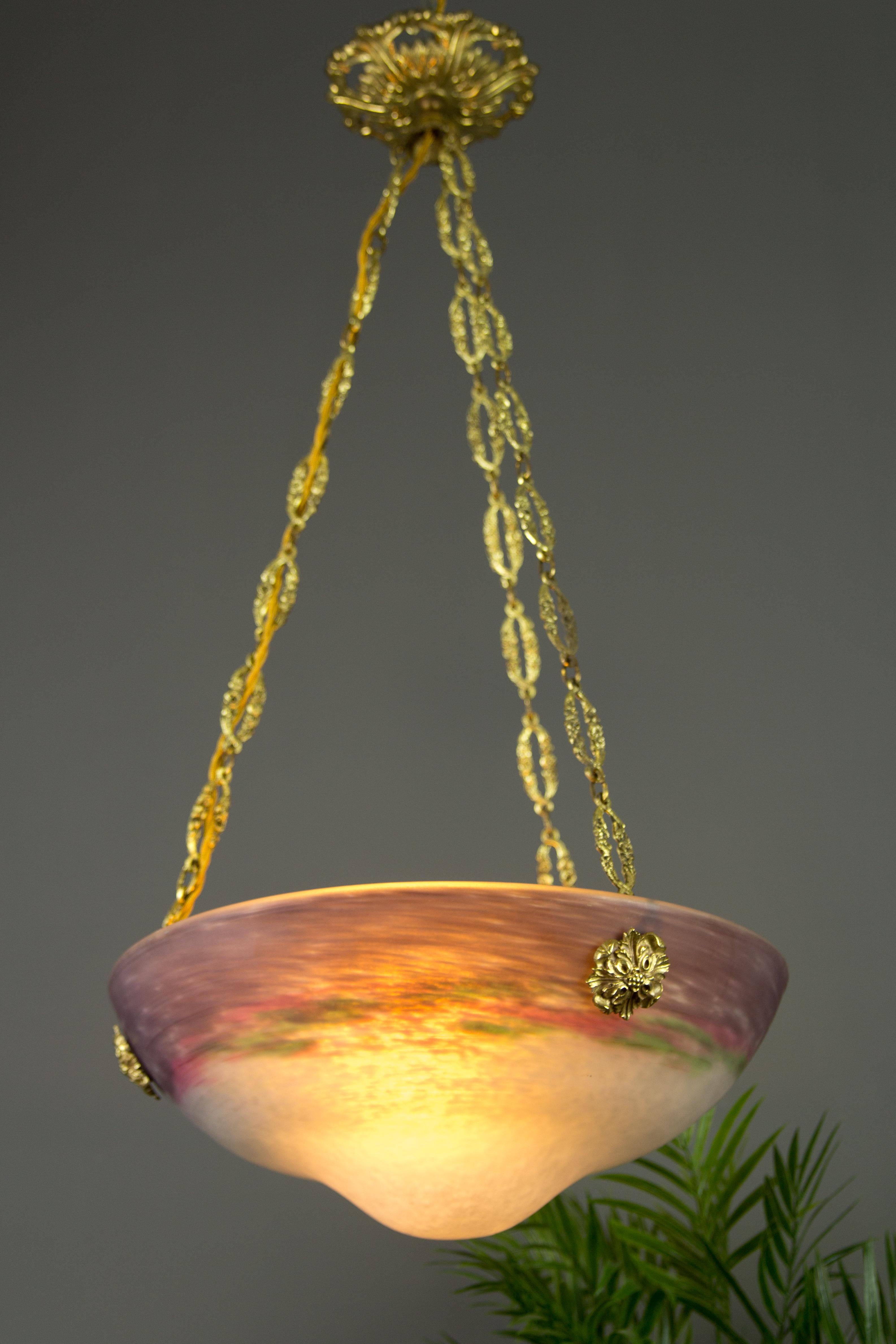 Early 20th Century French Art Nouveau Glass Bowl Pendant Chandelier Signed by Muller Frères, 1920s For Sale