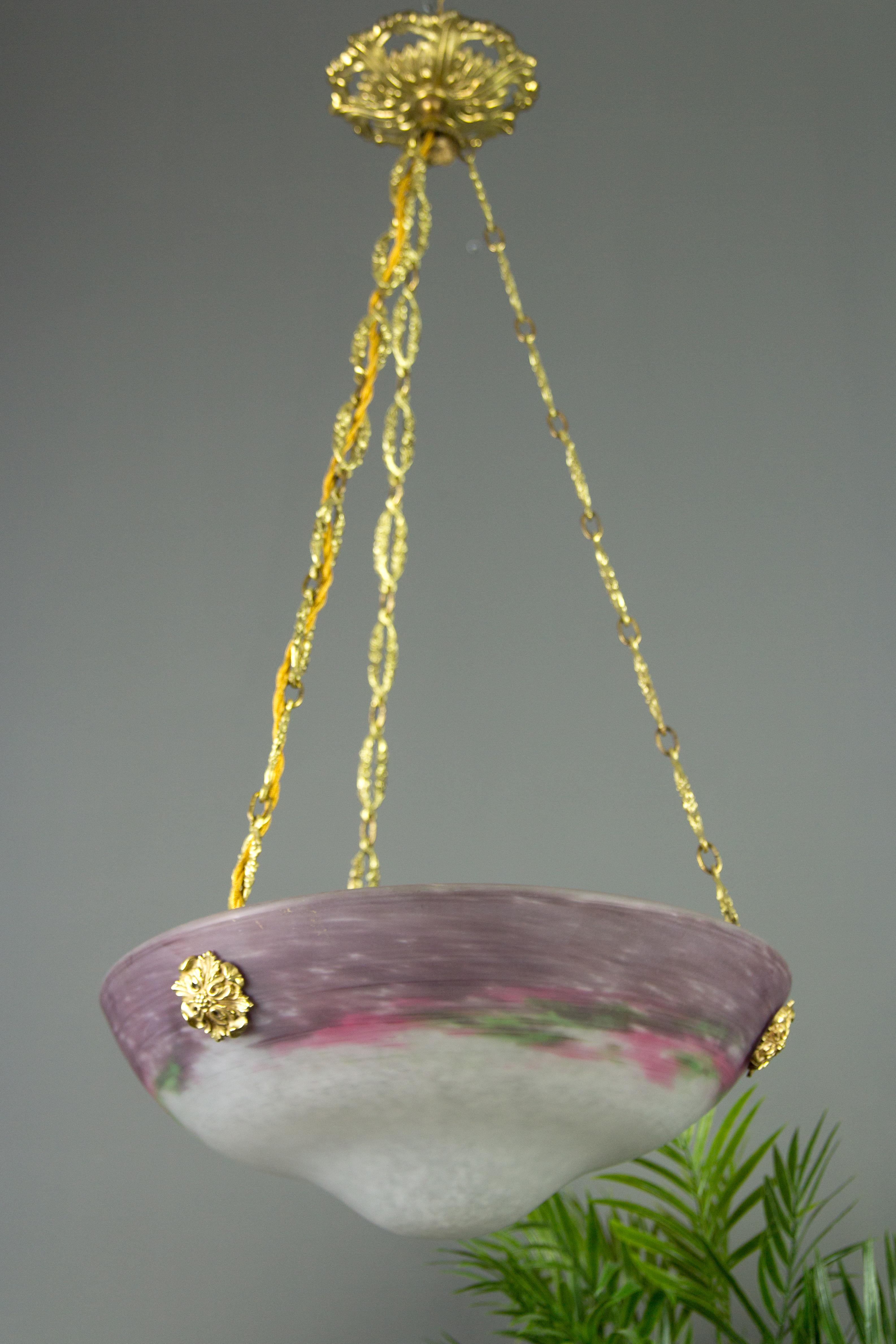 Brass French Art Nouveau Glass Bowl Pendant Chandelier Signed by Muller Frères, 1920s For Sale