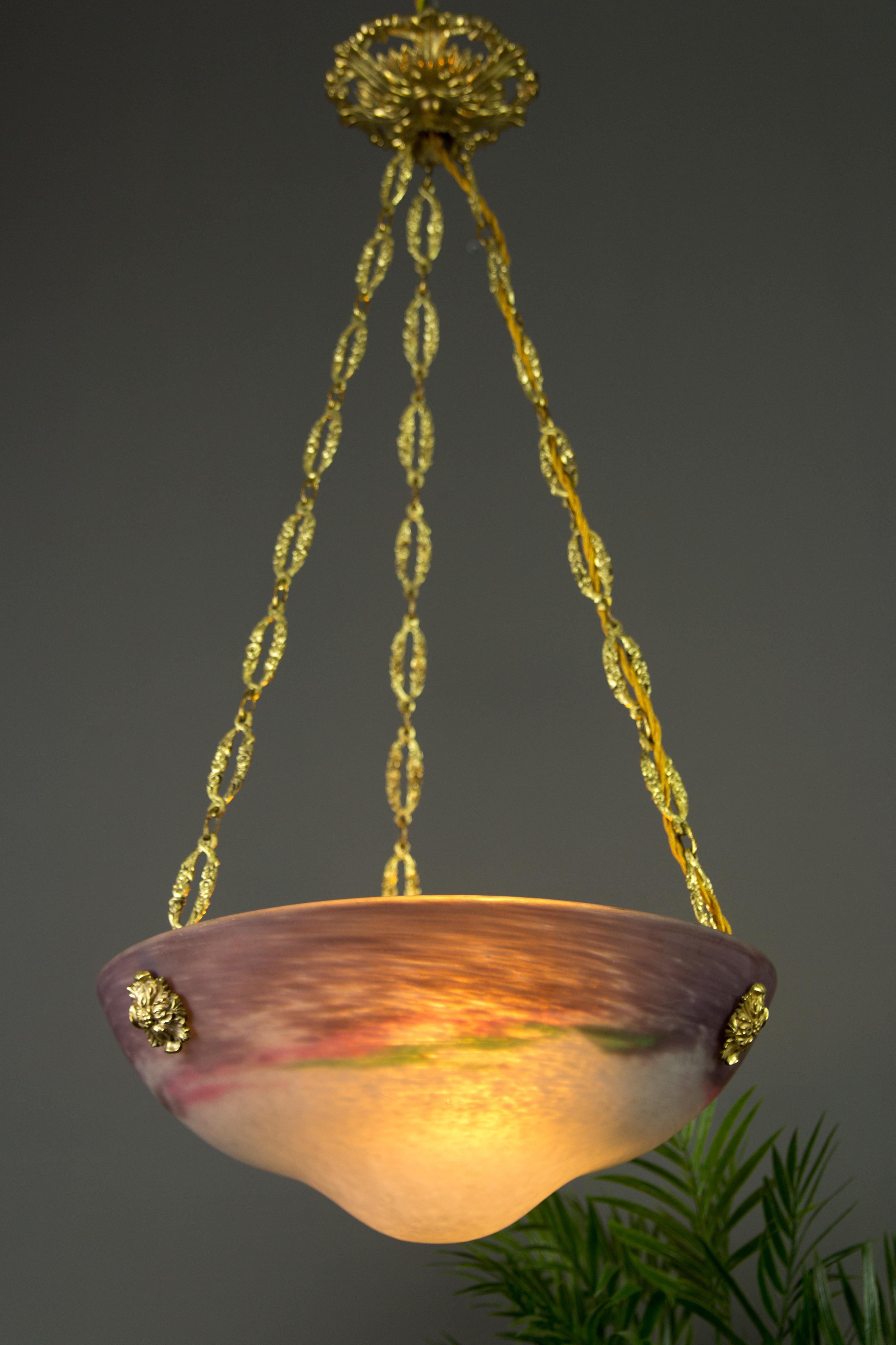 French Art Nouveau Glass Bowl Pendant Chandelier Signed by Muller Frères, 1920s For Sale 2