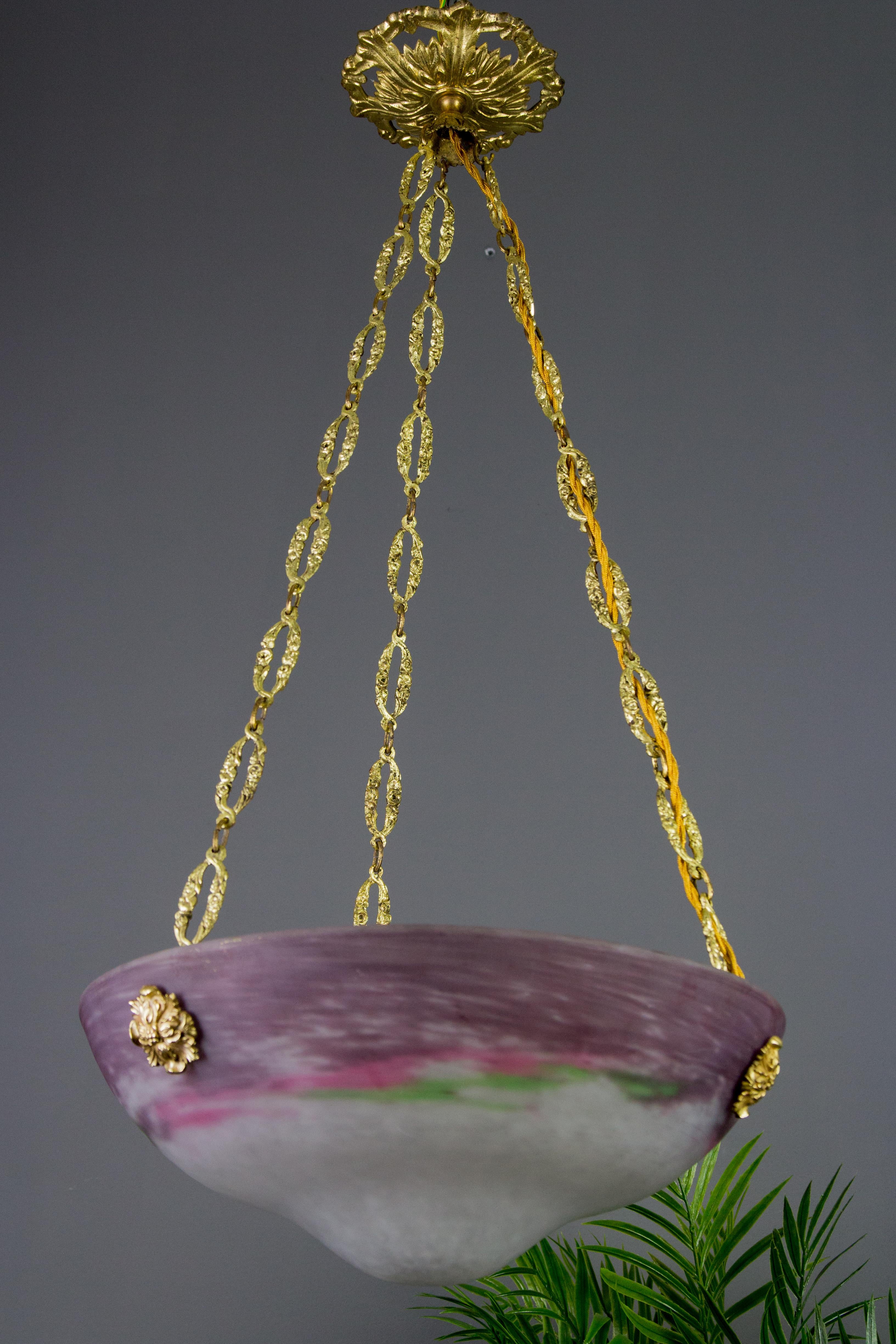 French Art Nouveau Glass Bowl Pendant Chandelier Signed by Muller Frères, 1920s For Sale 3