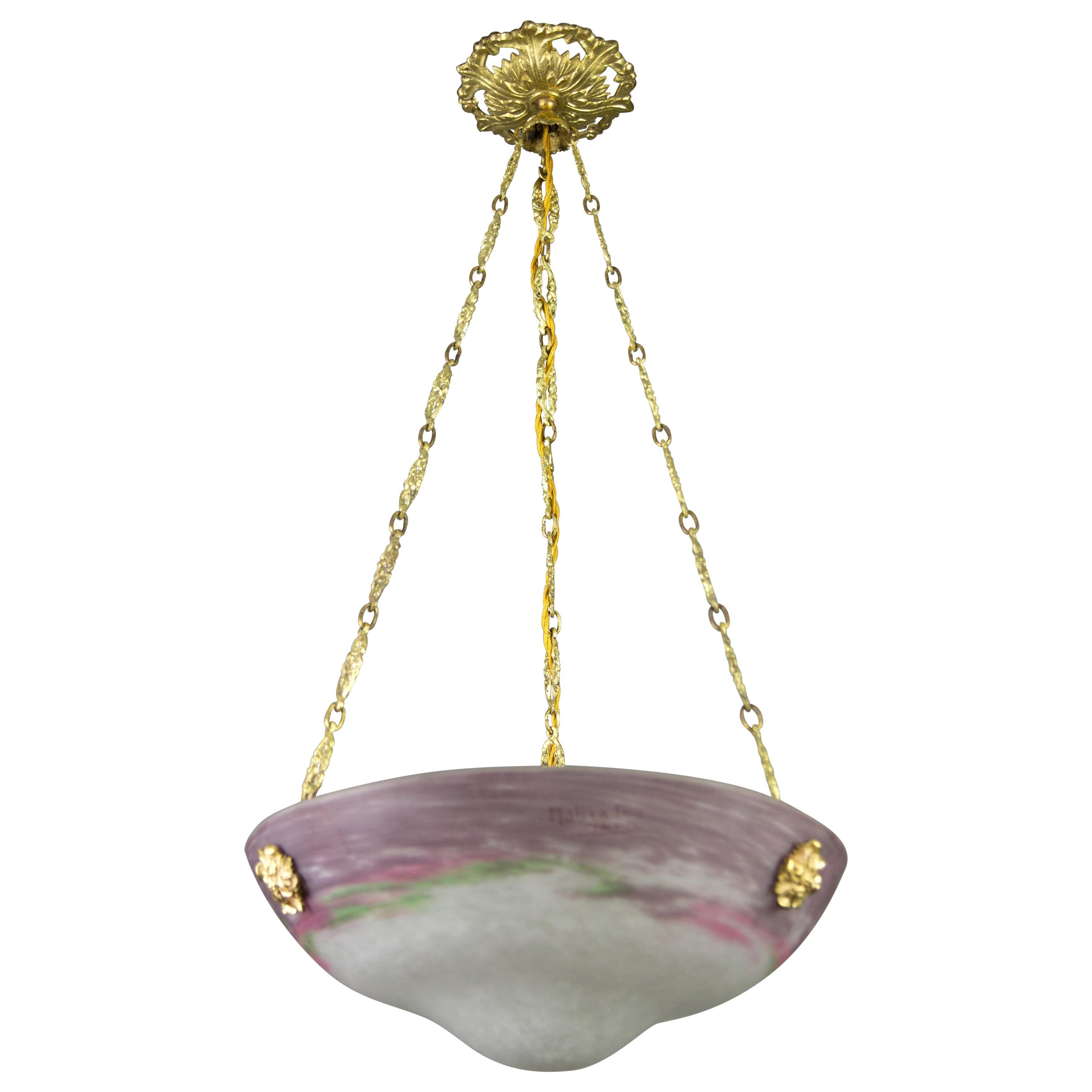 French Art Nouveau Glass Bowl Pendant Chandelier Signed by Muller Frères, 1920s For Sale